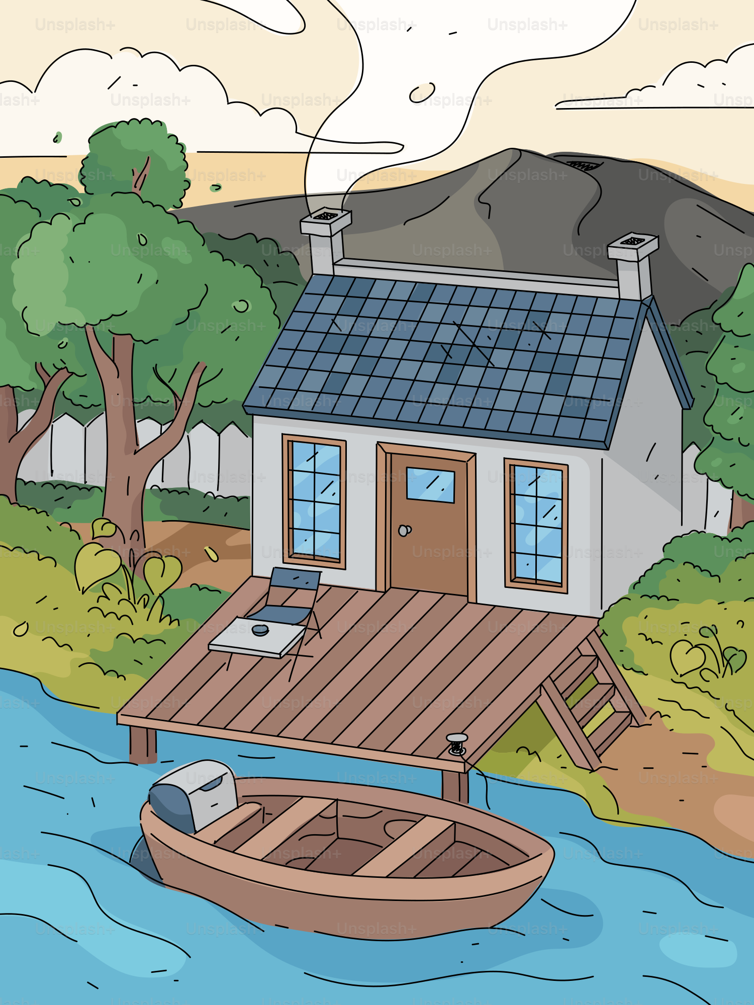 Casa frente al agua con terraza de madera y lancha motora.