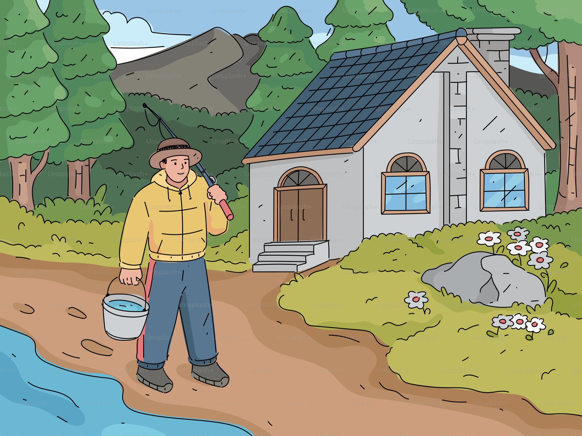 Un hombre pescando junto a un río cerca de una casa.