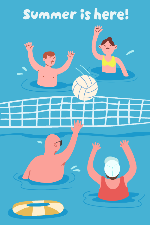 People playing summer volleyball in a blue pool.
