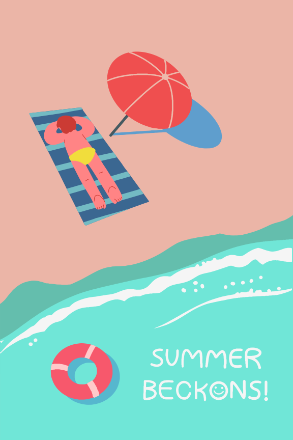 Beach scene with person, umbrella, lifebuoy, and summer text.