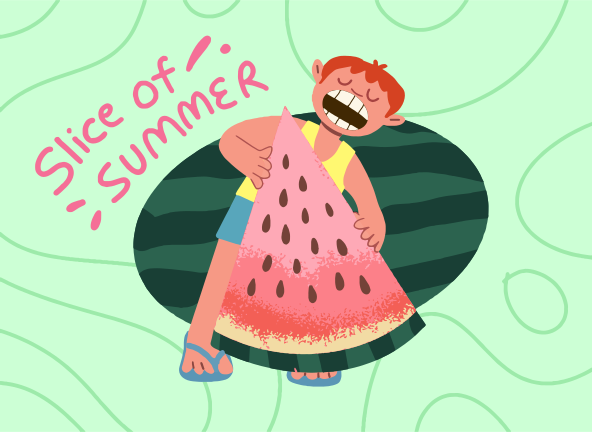 Cartoon boy enjoying a large slice of watermelon.