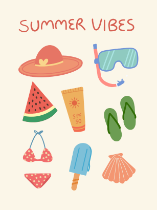 Colorful summer vacation items and 'summer vibes' text.