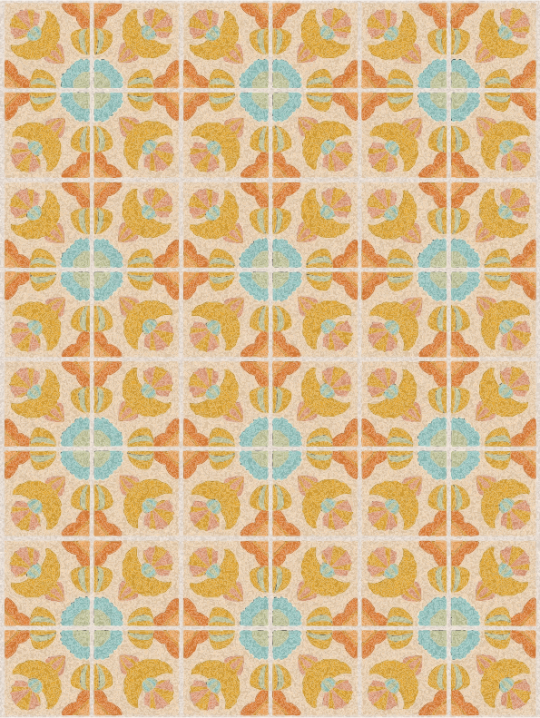 Motif répétitif de carreaux décoratifs vintage, orange, jaune et bleu.