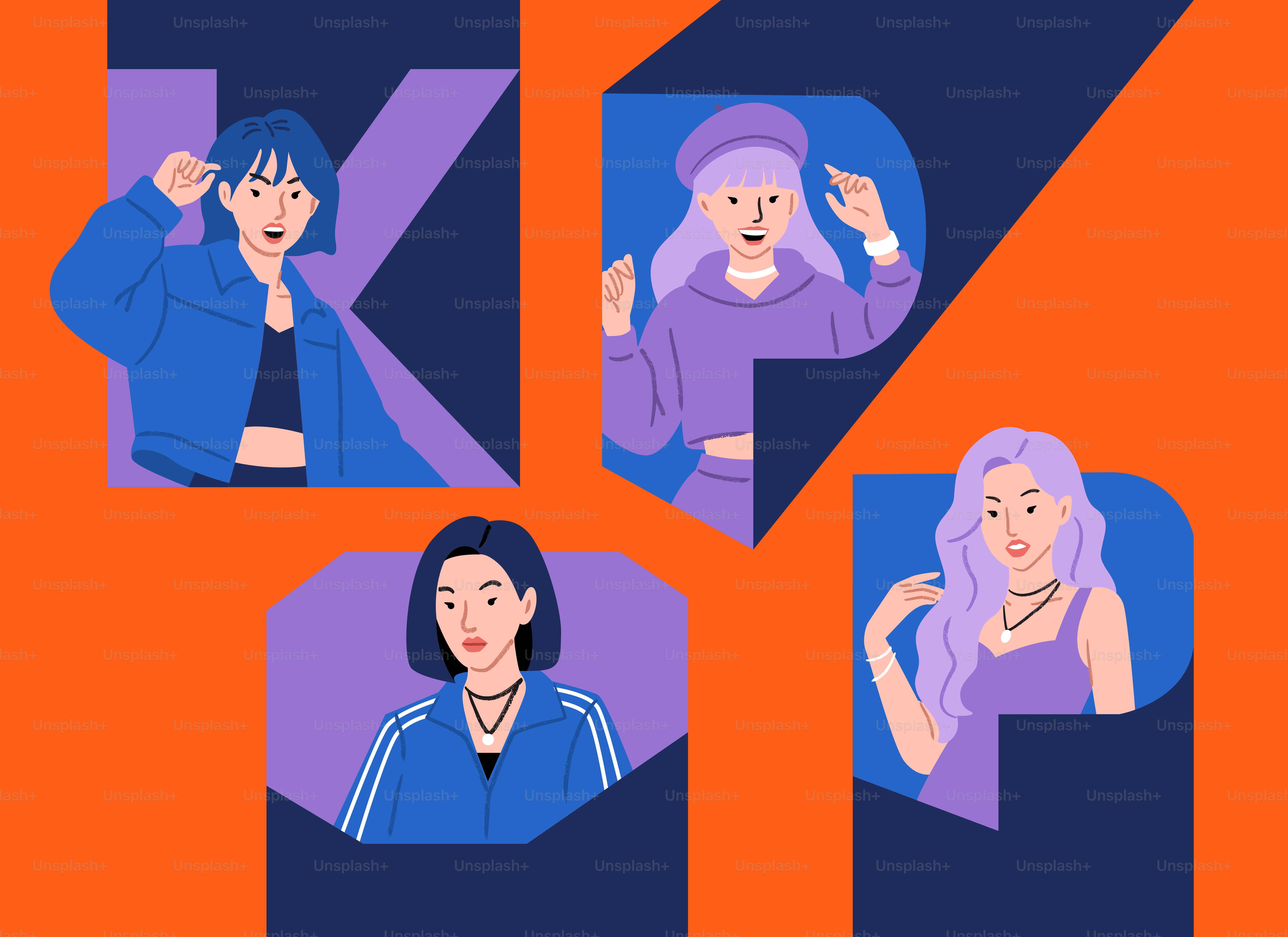 オレンジ色の背景にK-POPの文字で描かれた4人のスタイリッシュな女性たち。