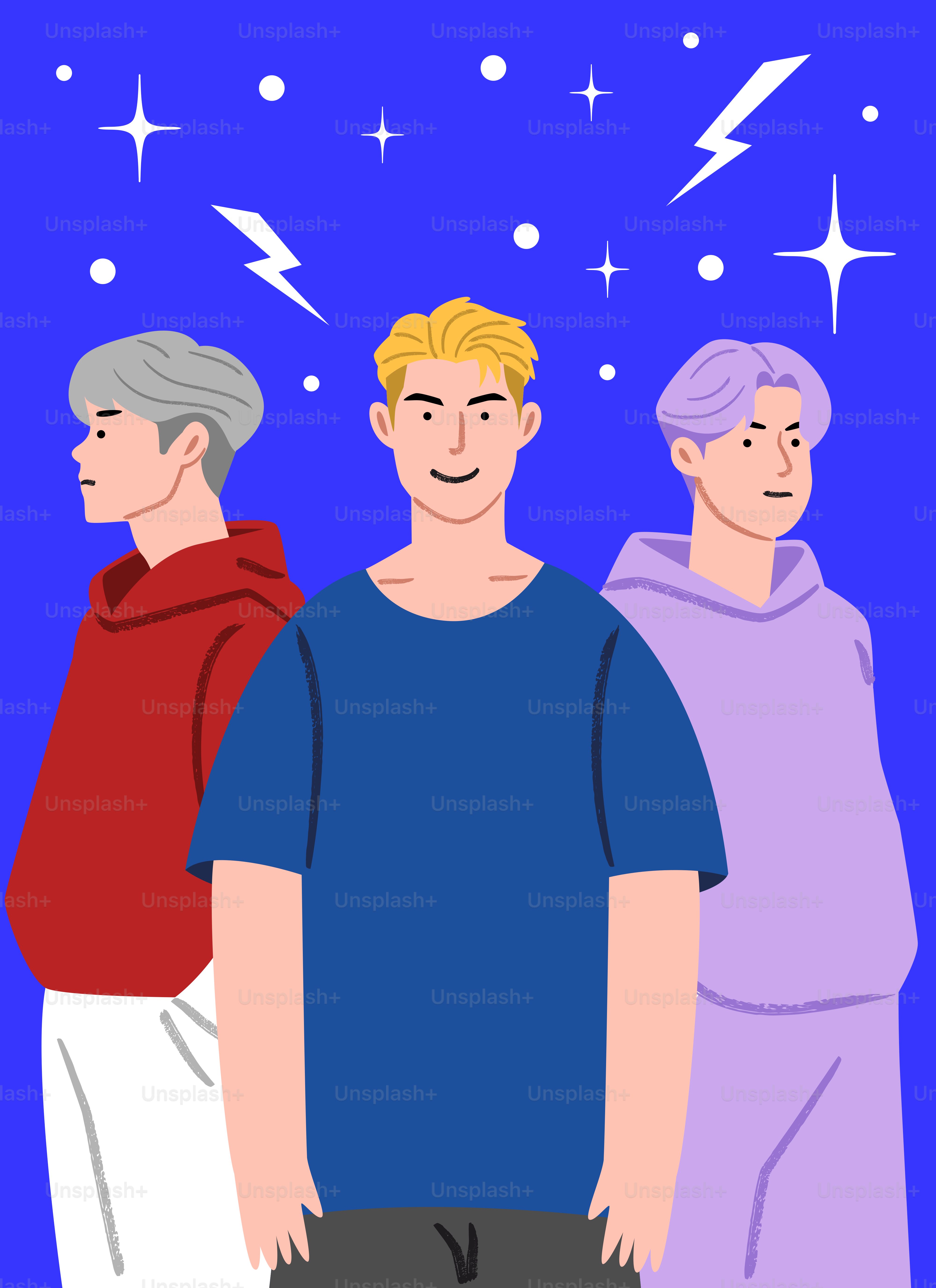 三人の若い男性が青い背景に星を飾って立っています。