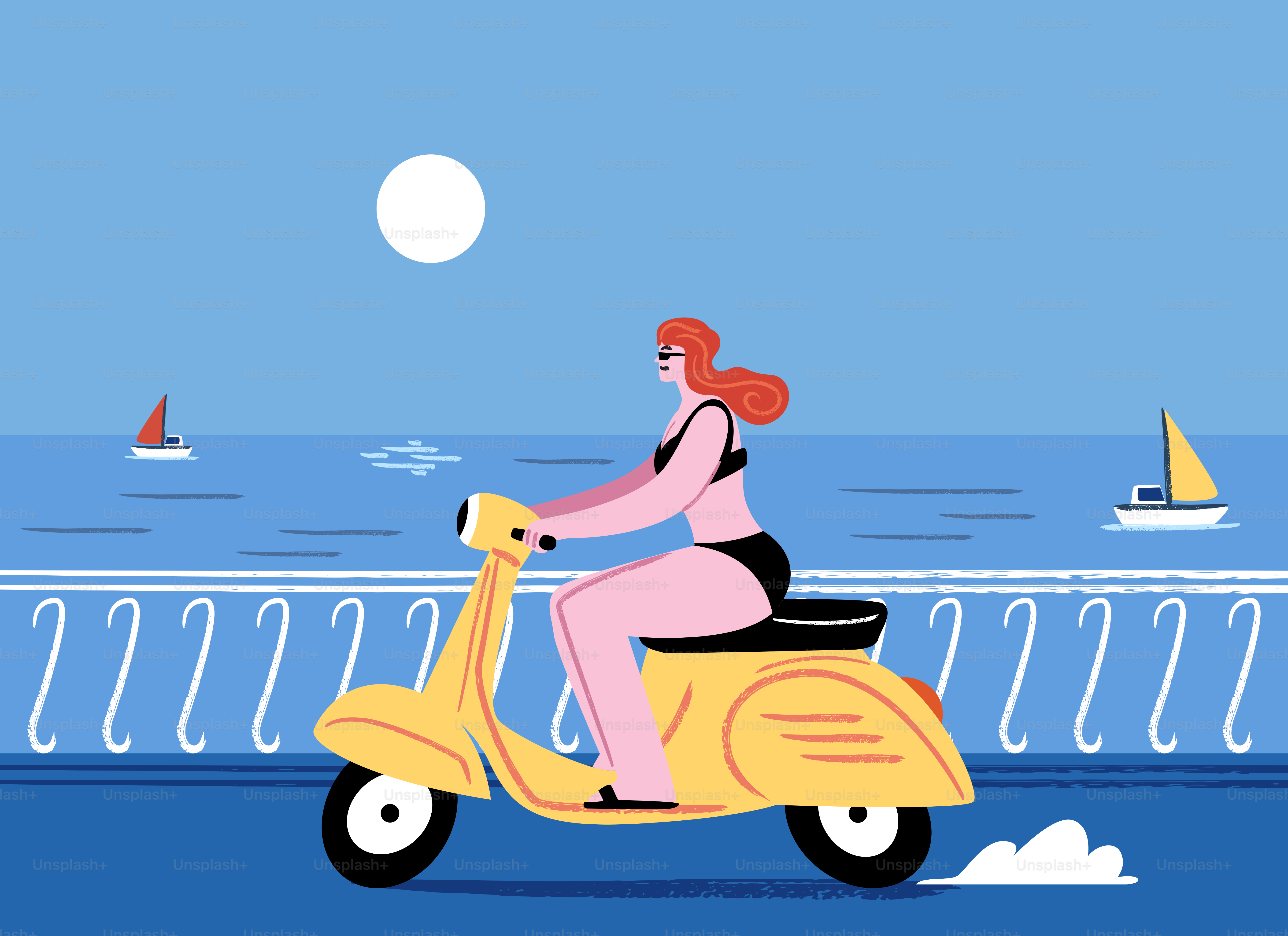 Uma mulher anda de scooter amarela à beira-mar.