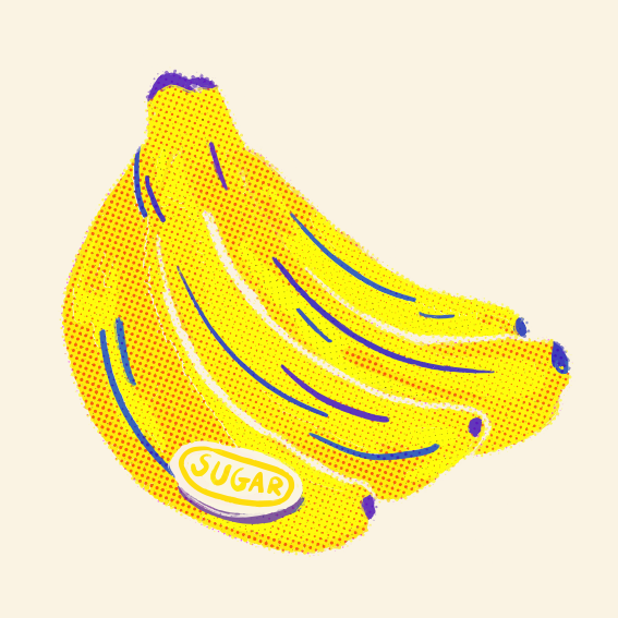 Seikat pisang kuning dengan label "gula"