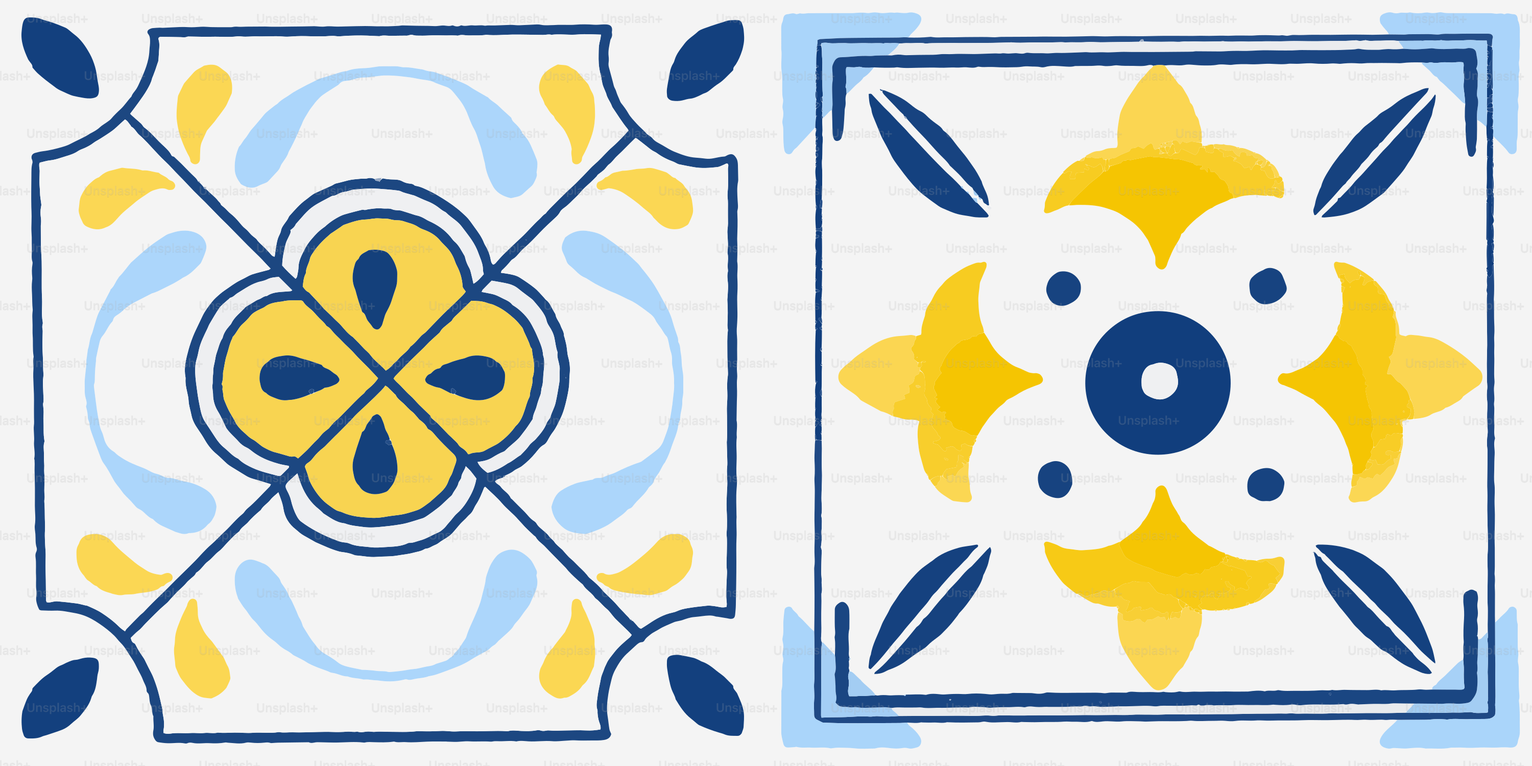 Two decorative blue and yellow patterned tiles.