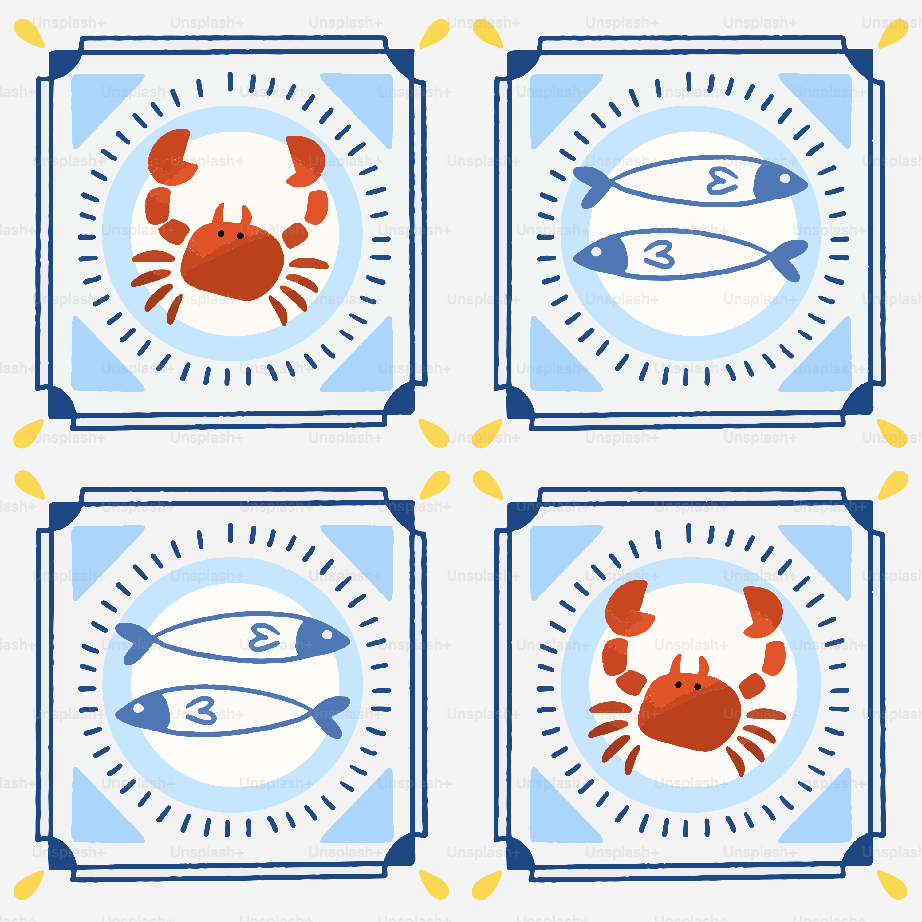 Portuguese-style tiles featuring red crabs and blue fish.