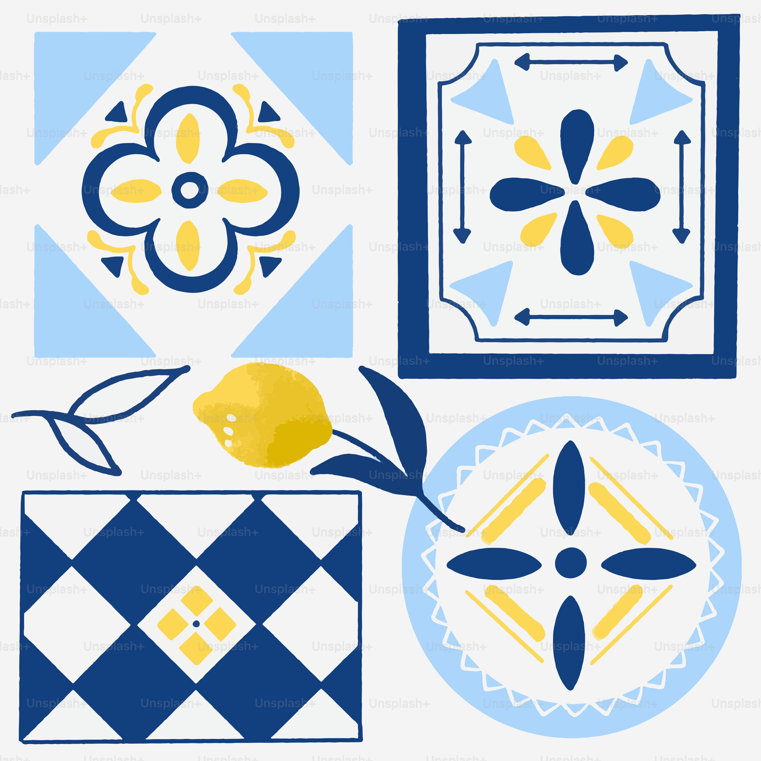 Mediterranean-style blue and yellow tile patterns with a lemon.
