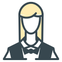 Icono de una mujer rubia vestida con traje oscuro y pajarita.