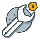 A wrench tightening a nut on a grey background.
