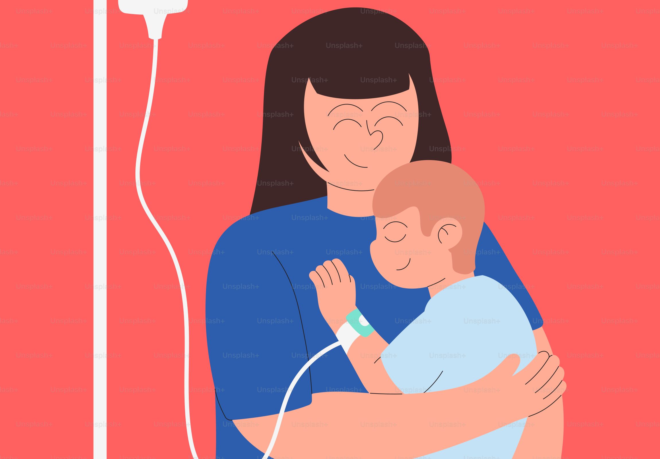 Mother embracing child receiving iv treatment