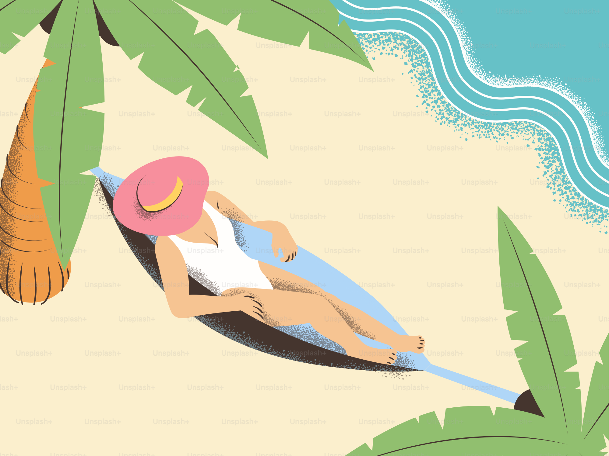 Wanita bersantai di tempat tidur gantung di pantai tropis