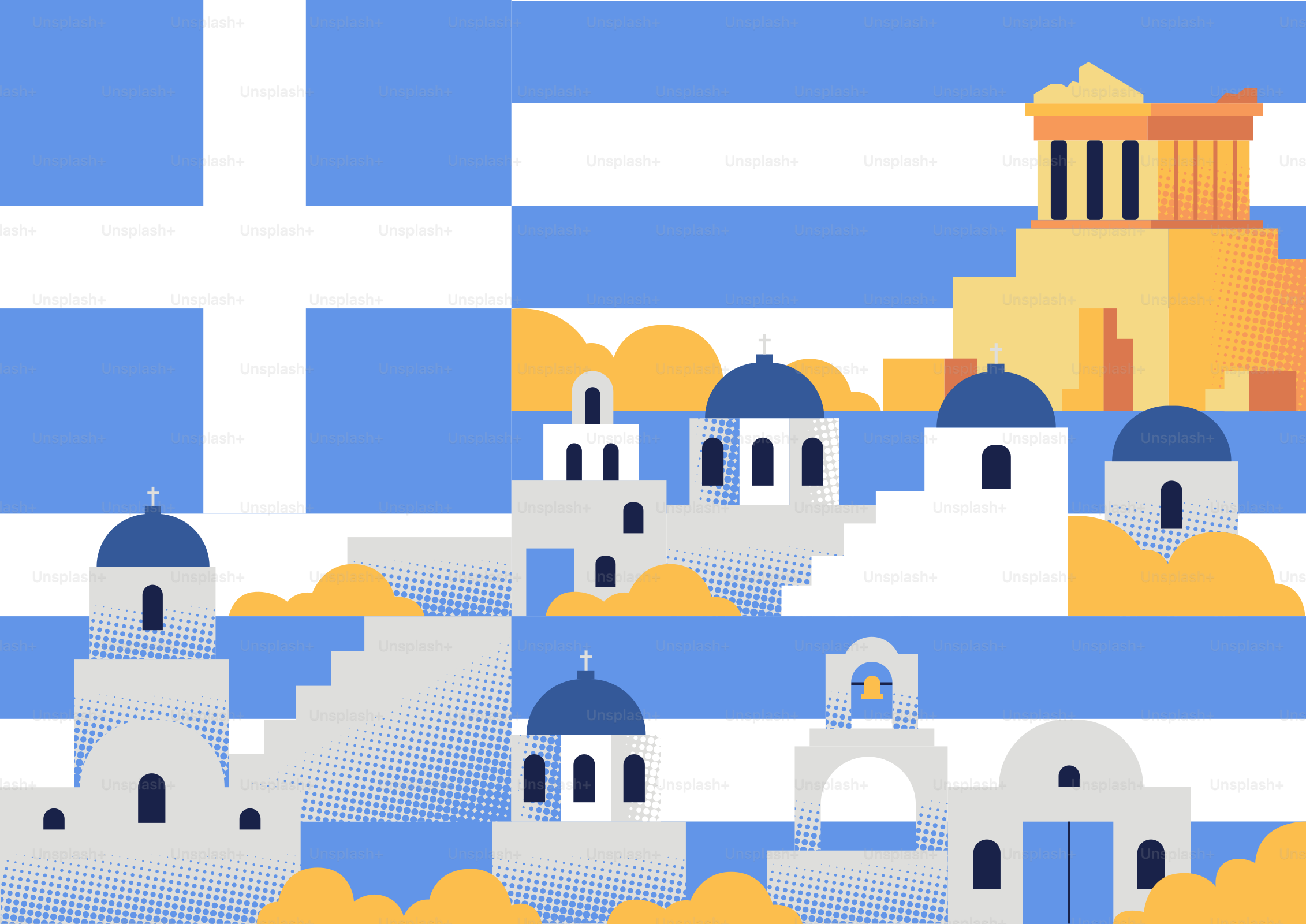 Stylized greek landscape with white buildings and the parthenon.