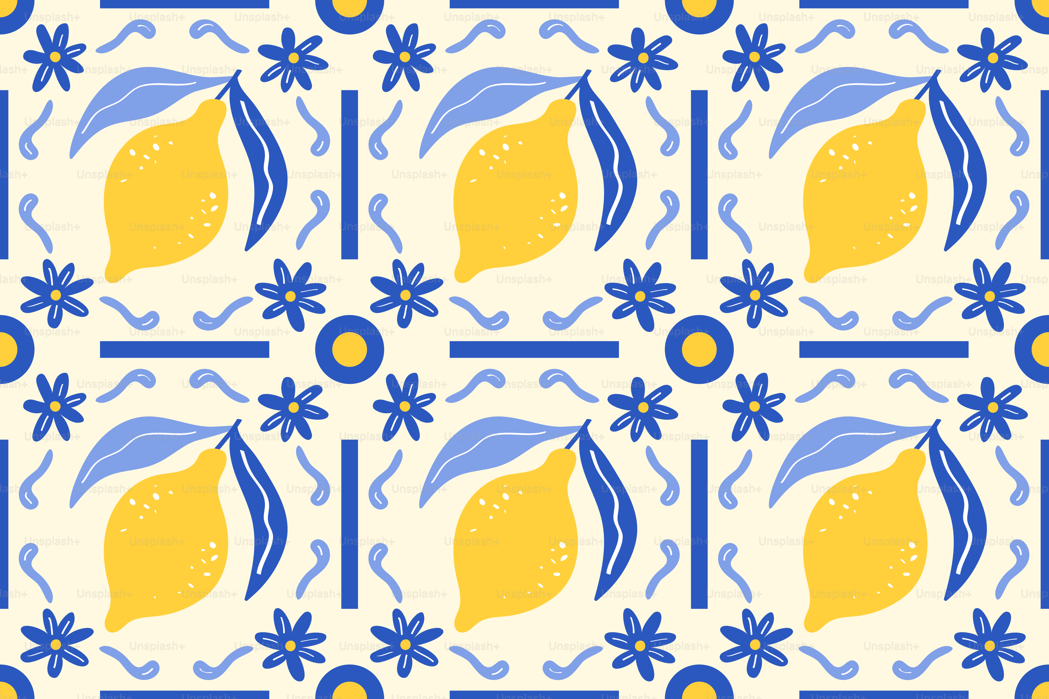 Seamless pattern with yellow lemons, blue leaves, and flowers.