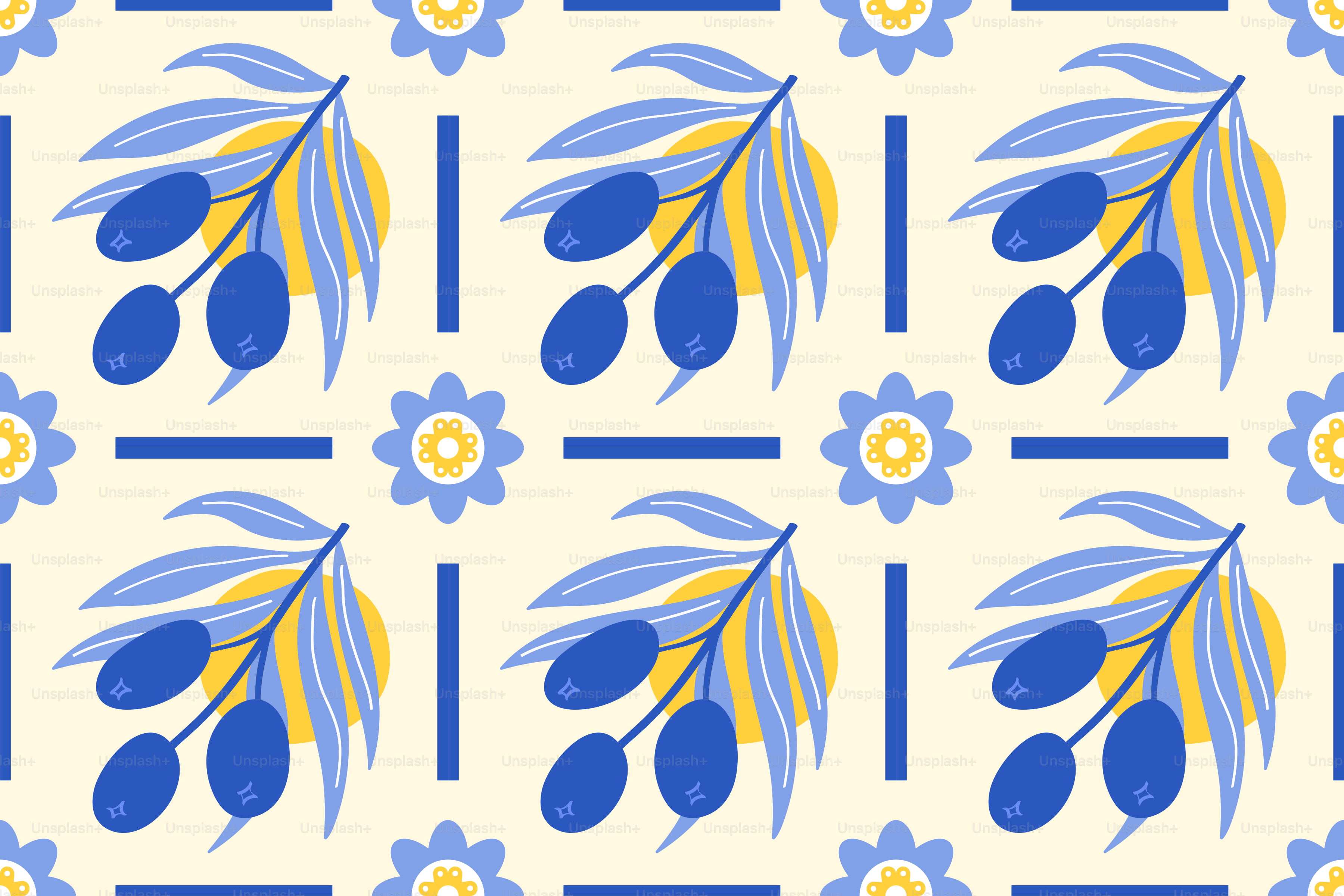 A repeating pattern of blue olive branches and yellow flowers.