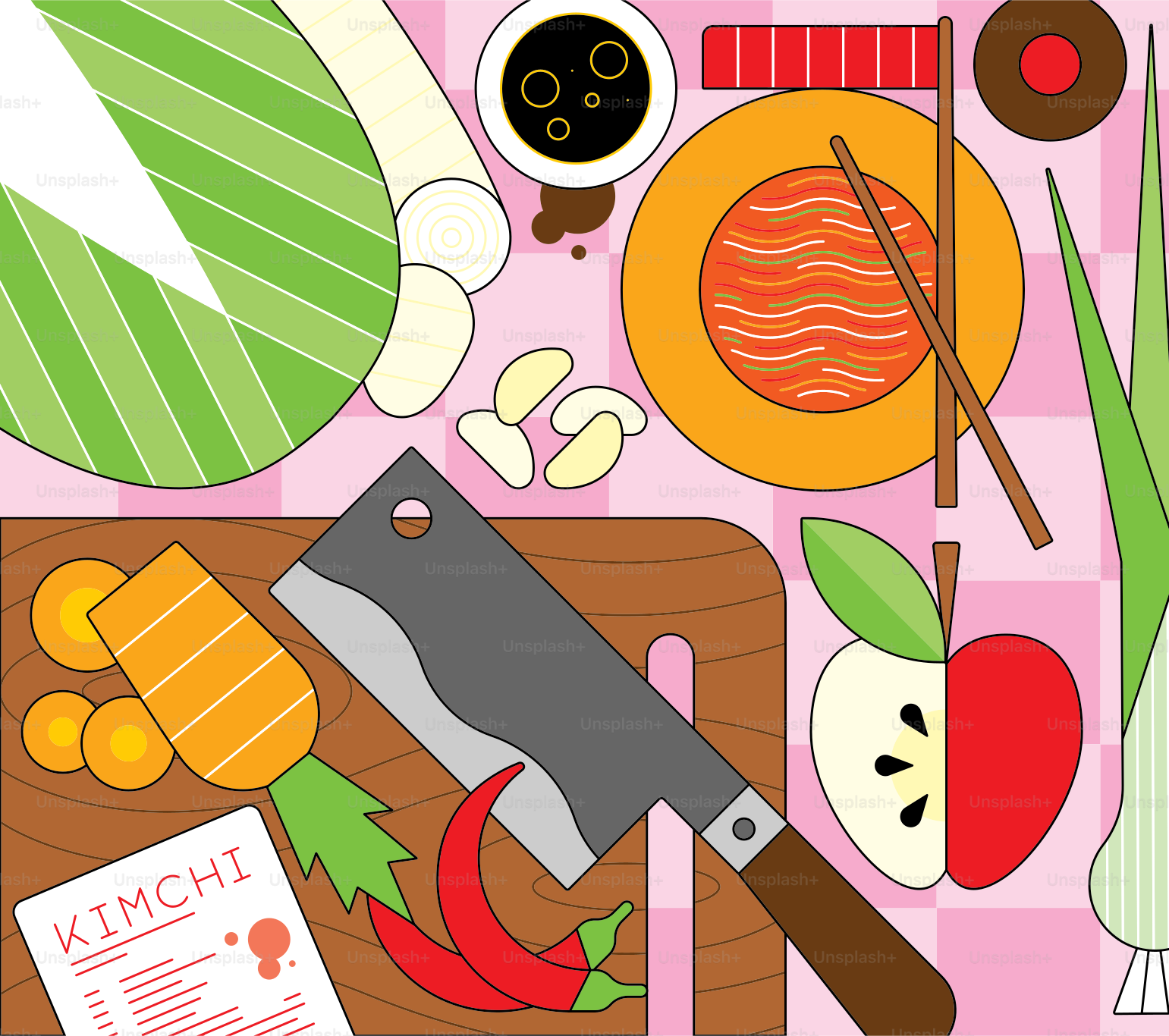 Vari ingredienti per il kimchi, tra cui verdure, noodles e un coltello.