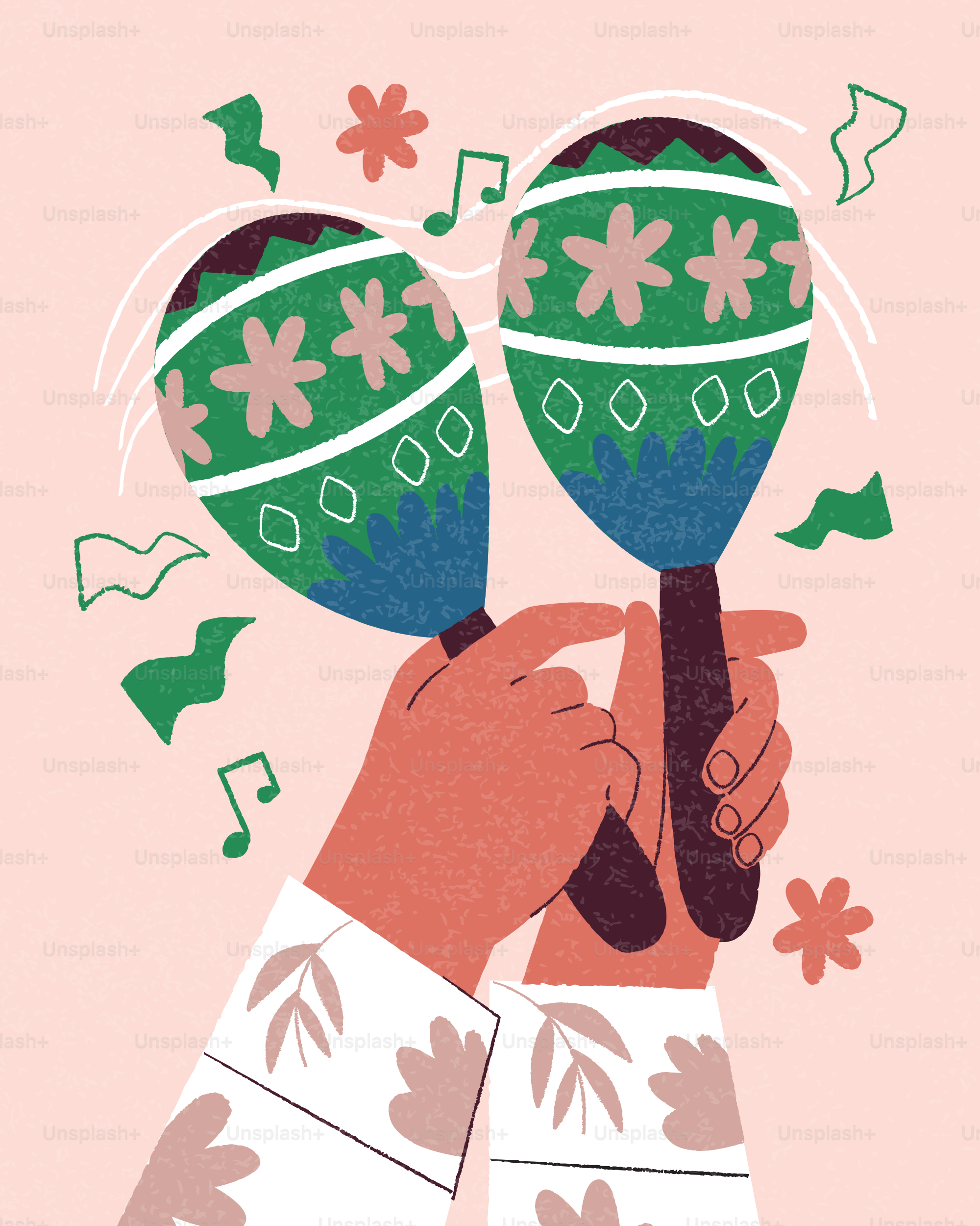 Deux mains secouant des maracas colorées avec des notes de musique.