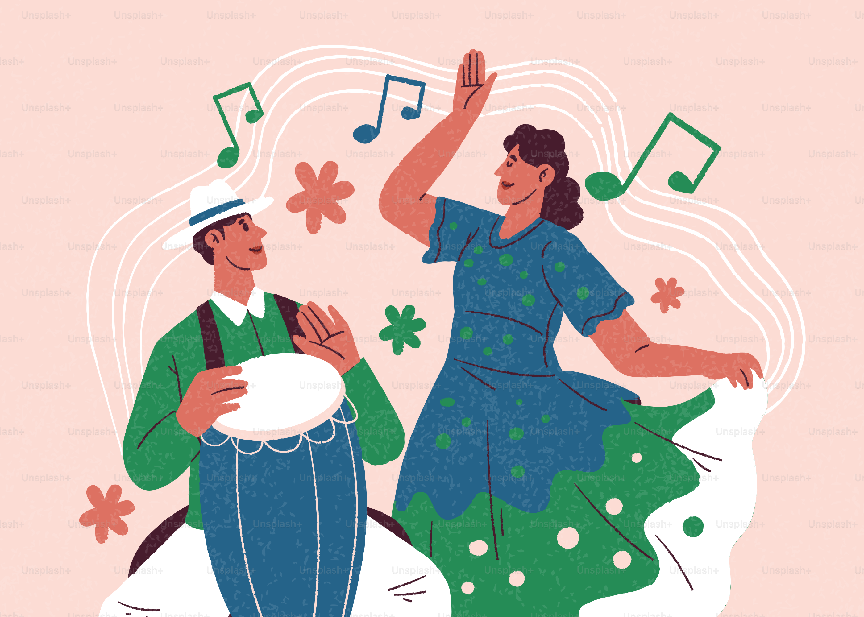 Un homme joyeux joue du tambour tandis que la femme danse sur la musique.