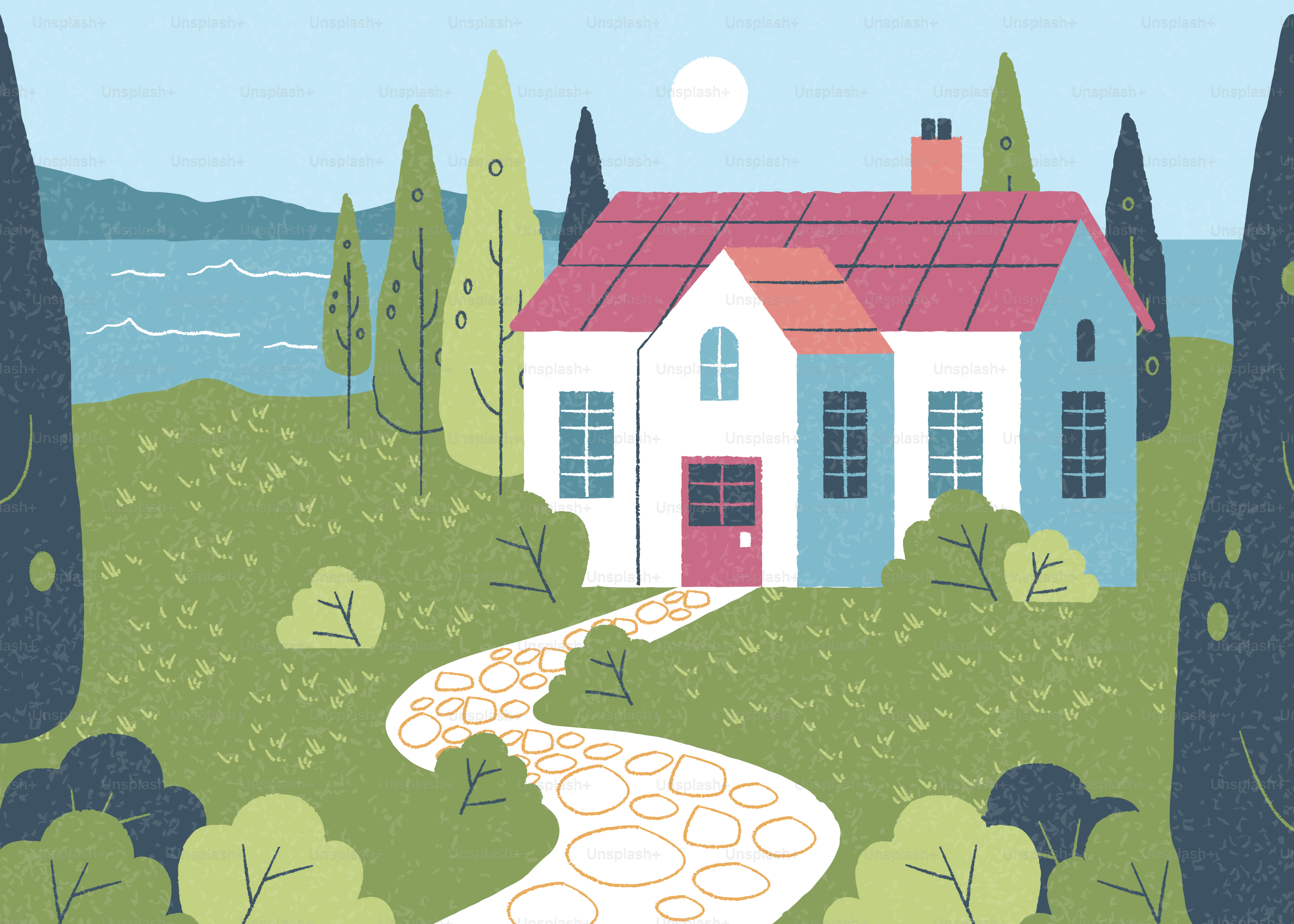 Uma casa encantadora com um caminho sinuoso à beira do lago