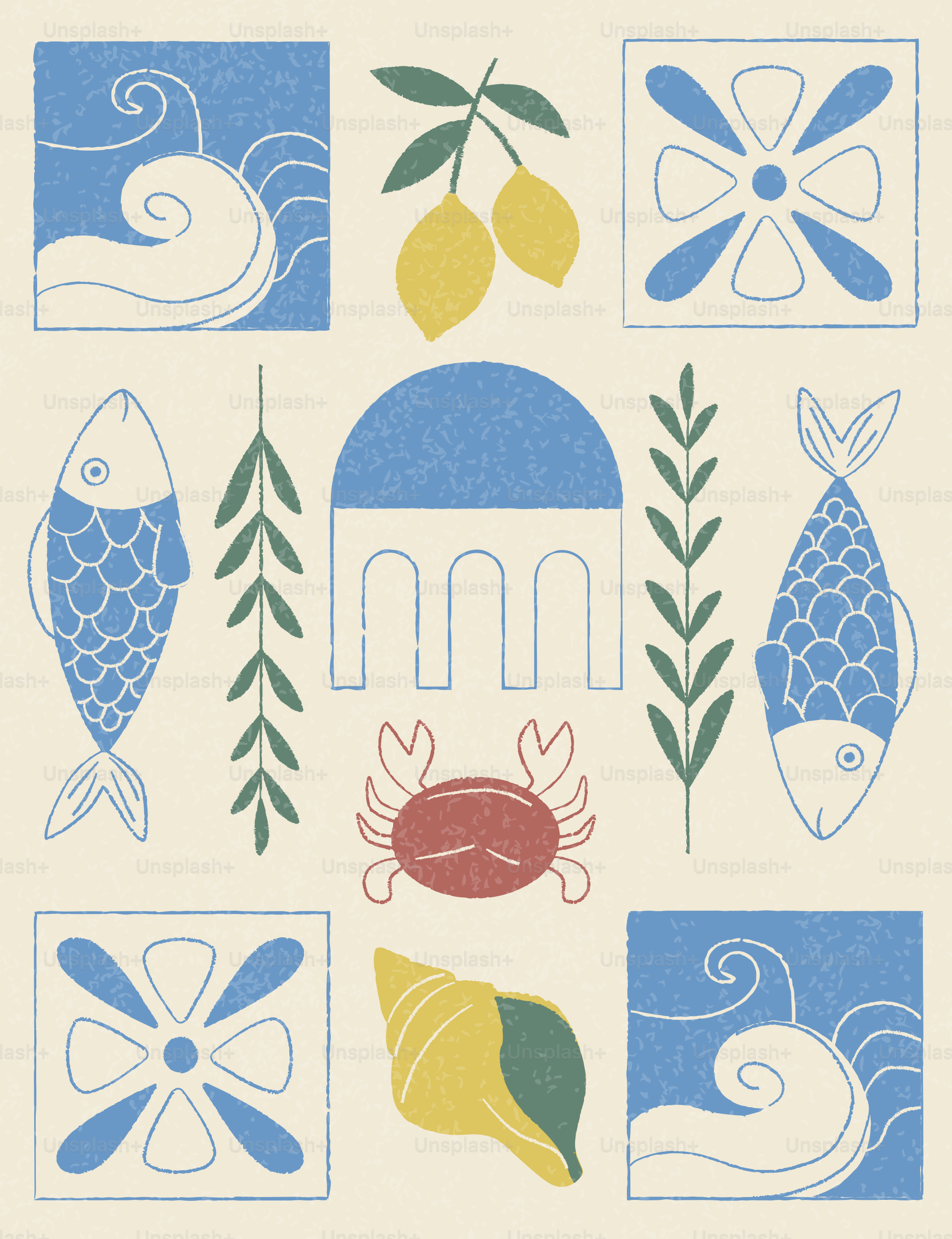 Stylized mediterranean elements with fish, lemons, waves, and a dome