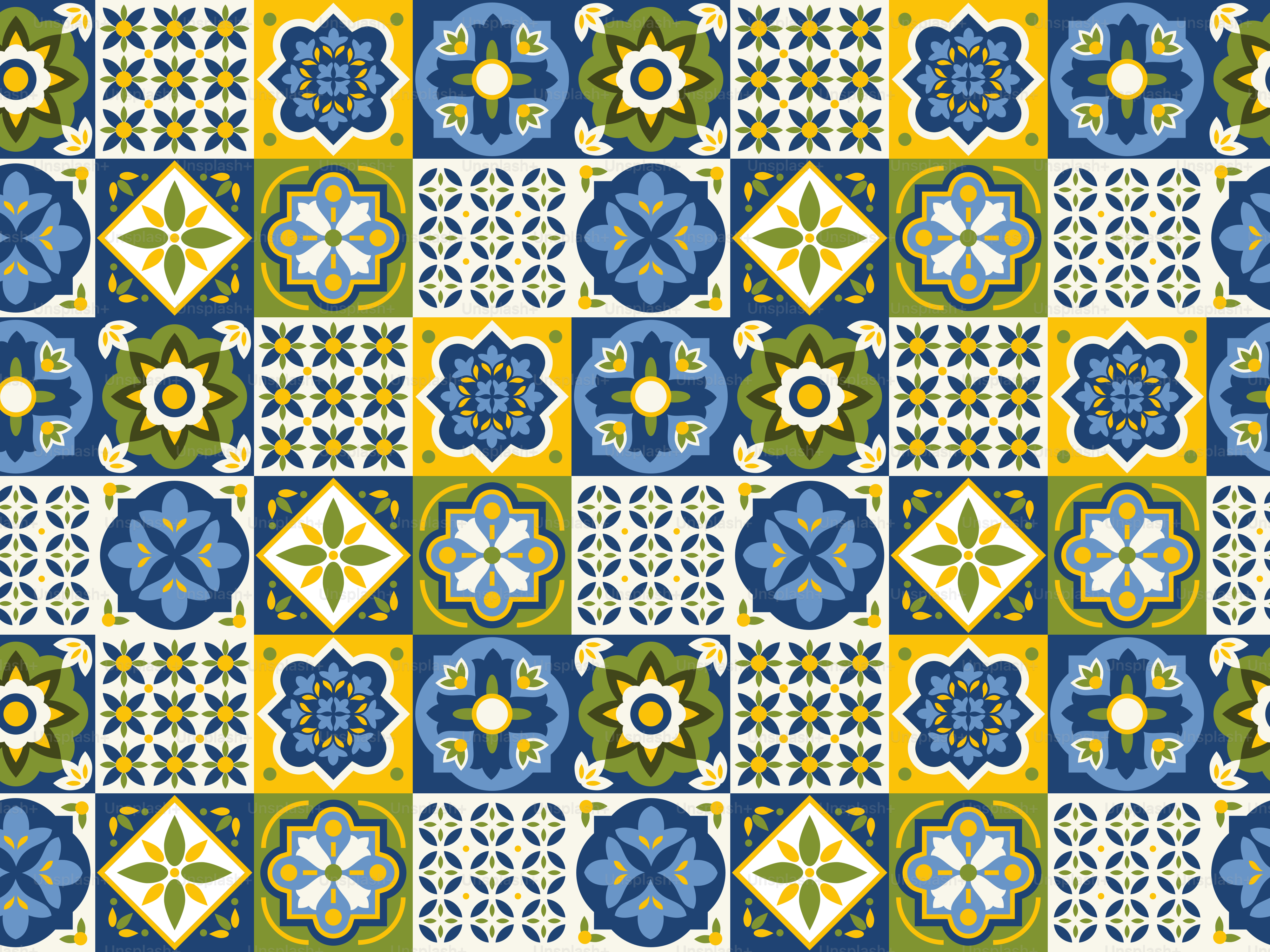 A vibrant pattern of blue, green, and yellow decorative tiles.