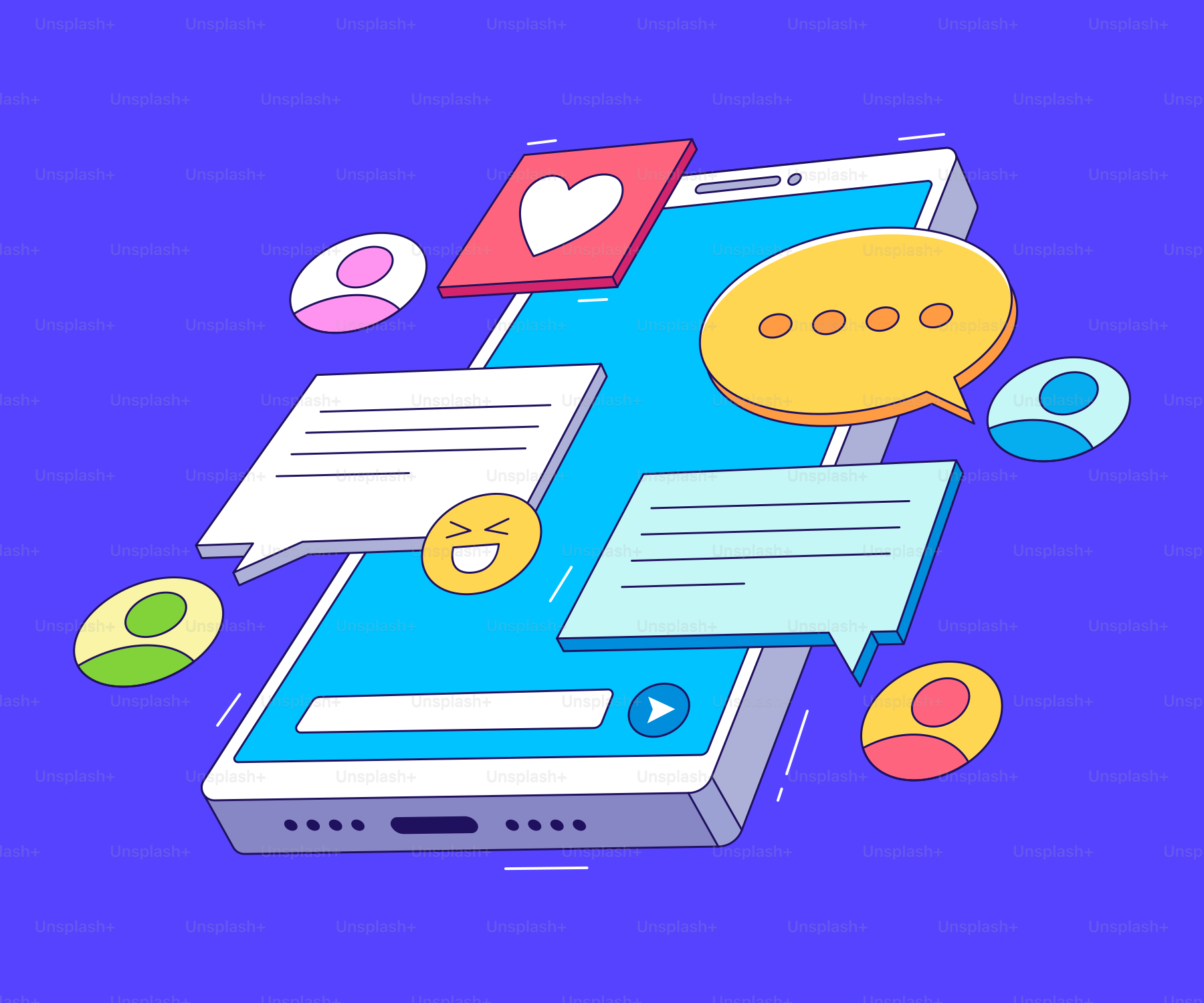Smartphone zeigt Social-Media-Benachrichtigungen und Chatblasen an.