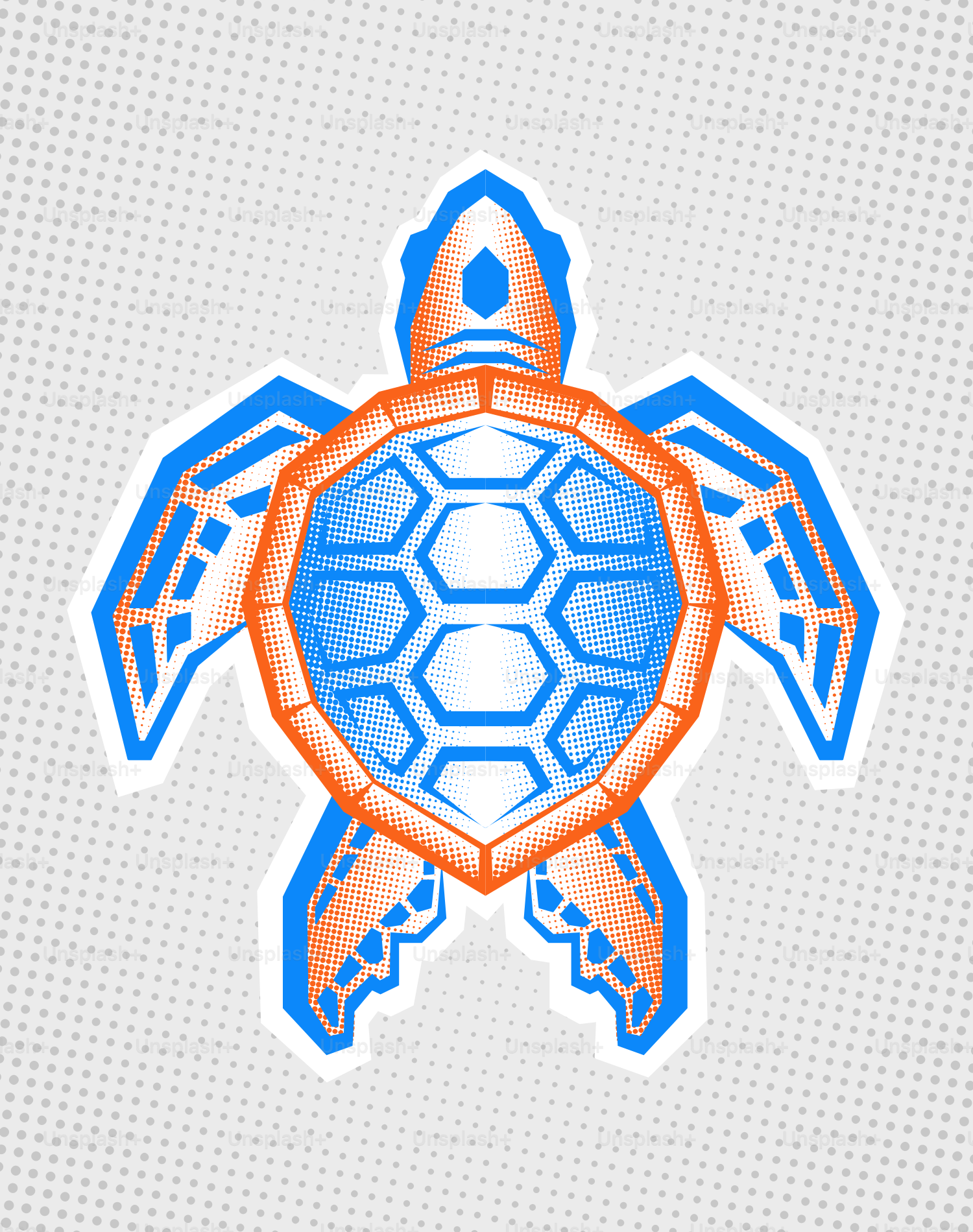 Una tortuga estilizada azul y naranja sobre un fondo punteado.