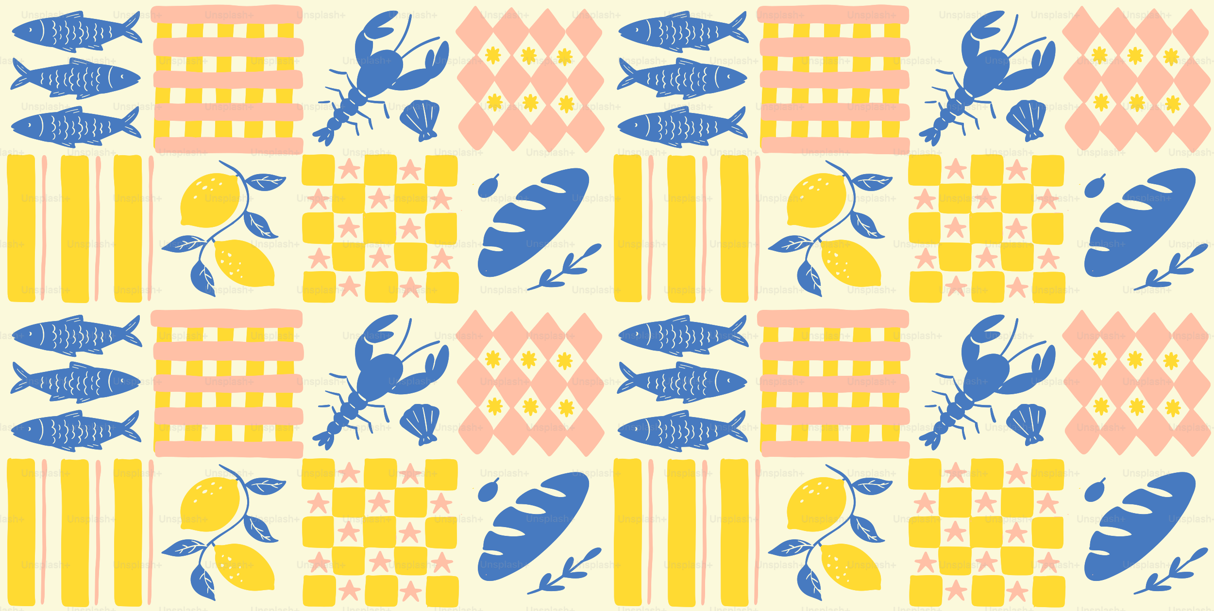 A repeating pattern of fish, lobsters, lemons, and bread.