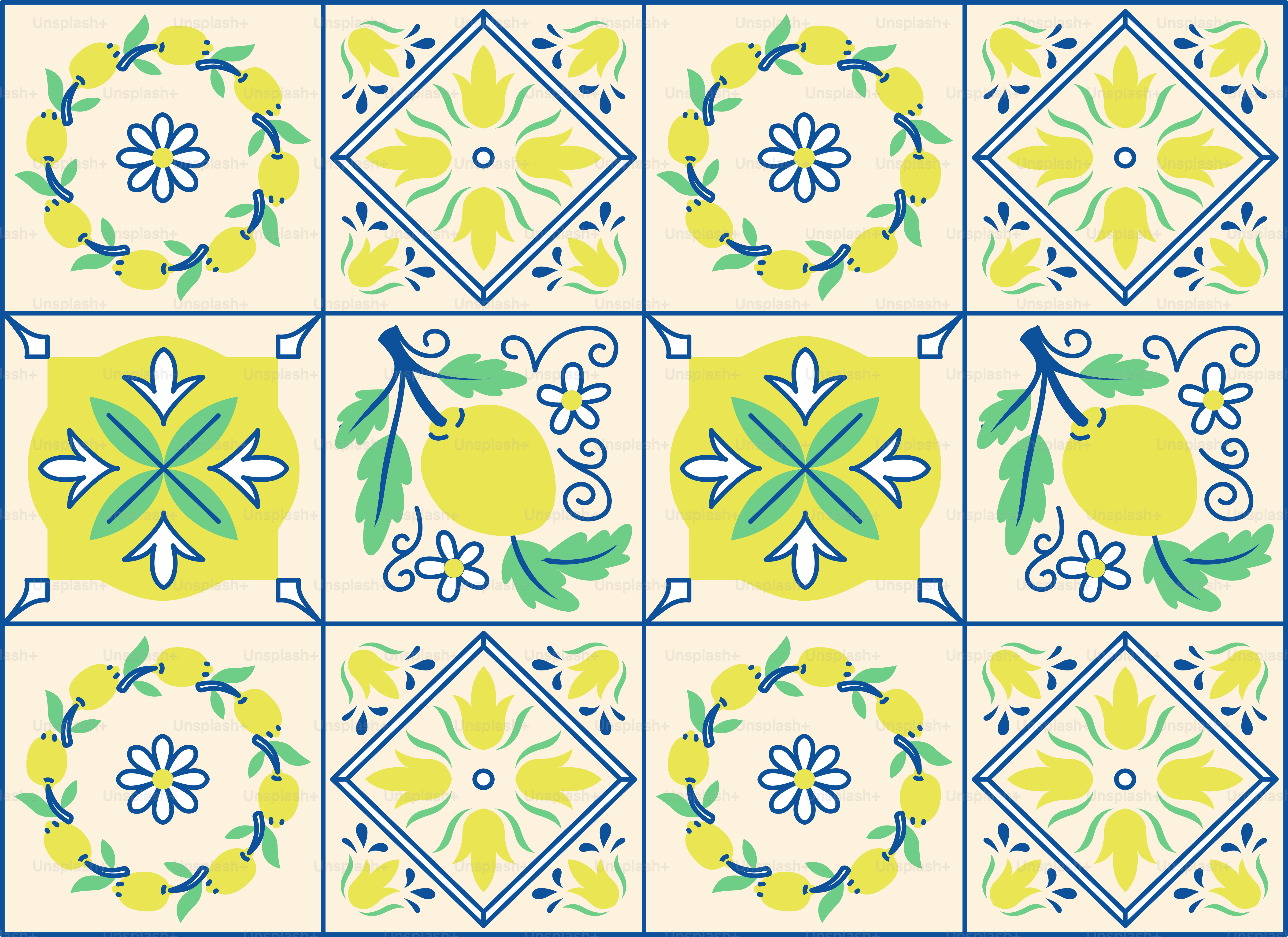 Pola lemon kuning dan desain bunga biru pada ubin.