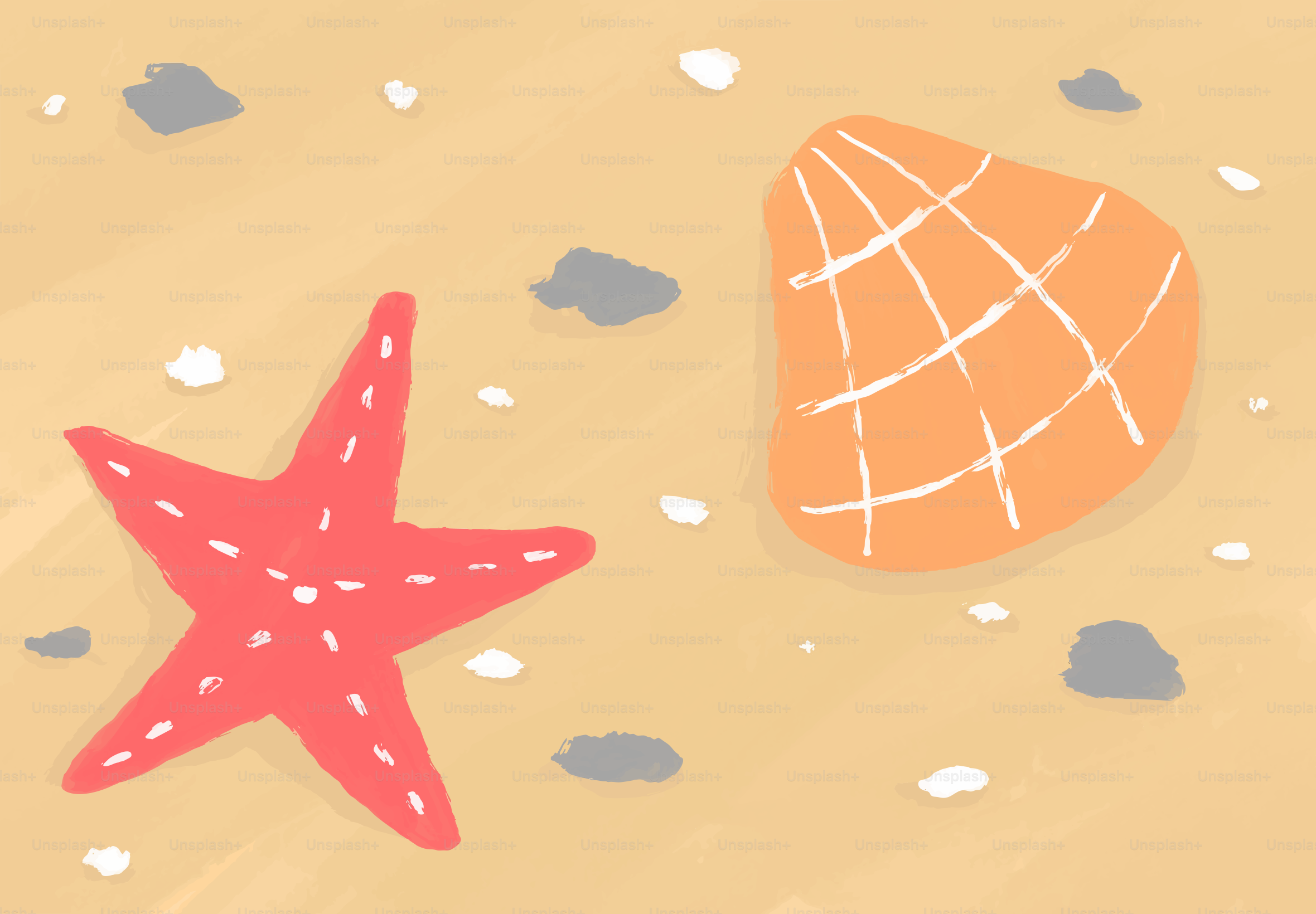 Uma estrela-do-mar vermelha e uma concha laranja sobre o chão arenoso.
