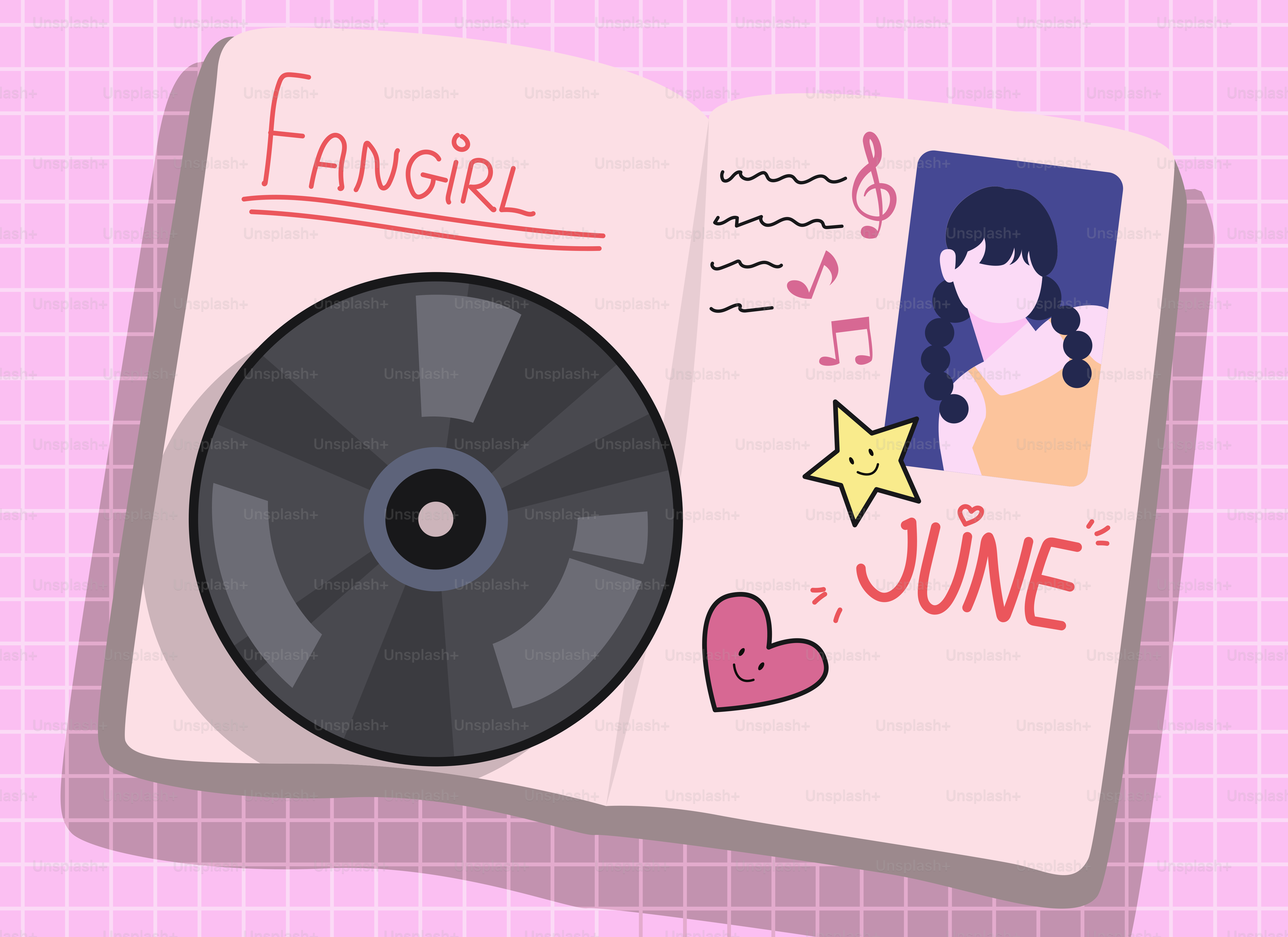 Ein offenes "Fangirl"-Tagebuch mit einer Platte und Kritzeleien.
