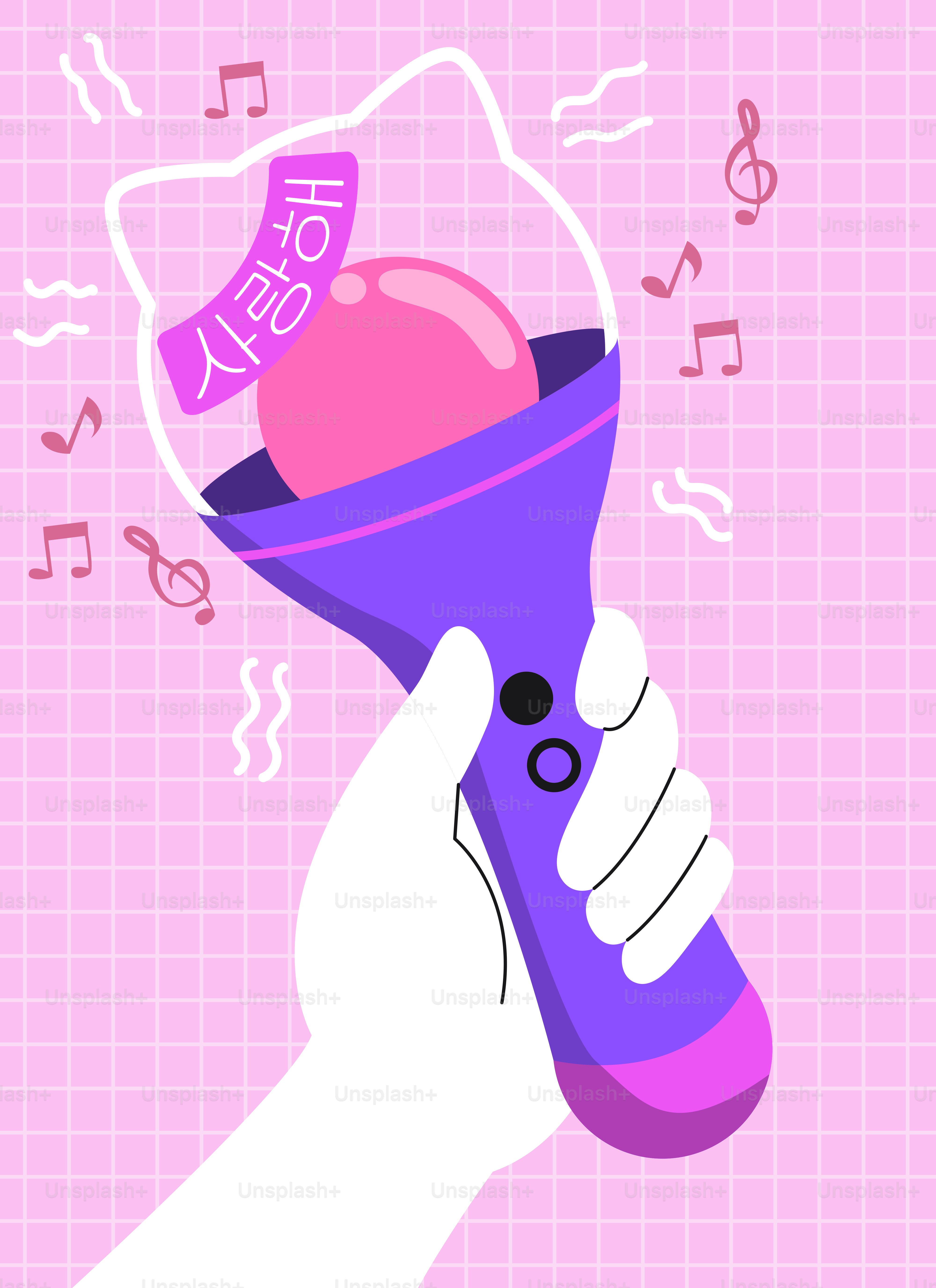 Die Hand hält einen lila Katzenohr-Lightstick mit Noten.