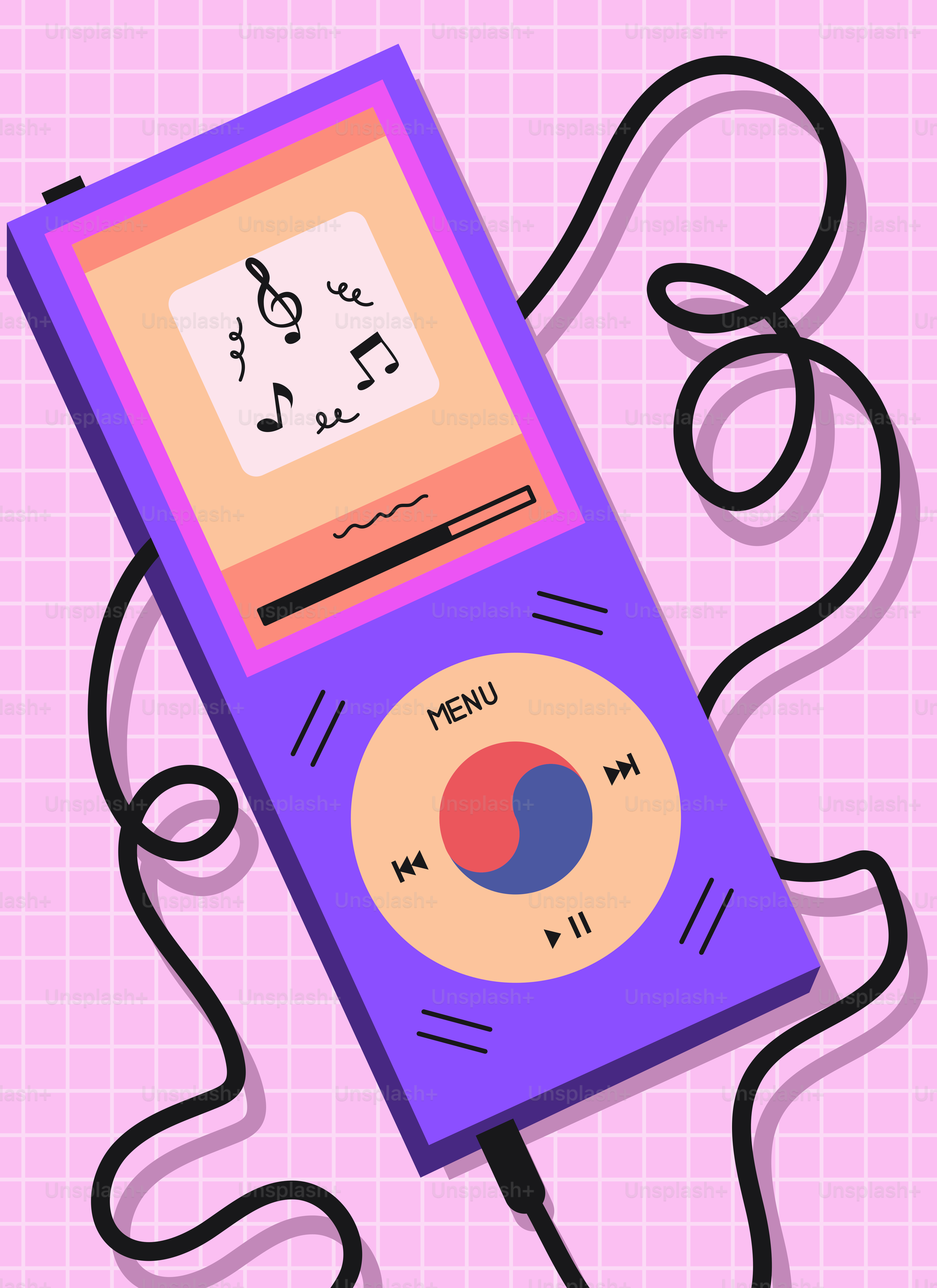 Retro-lila MP3-Player mit Noten und kabelgebundenen Kopfhörern.