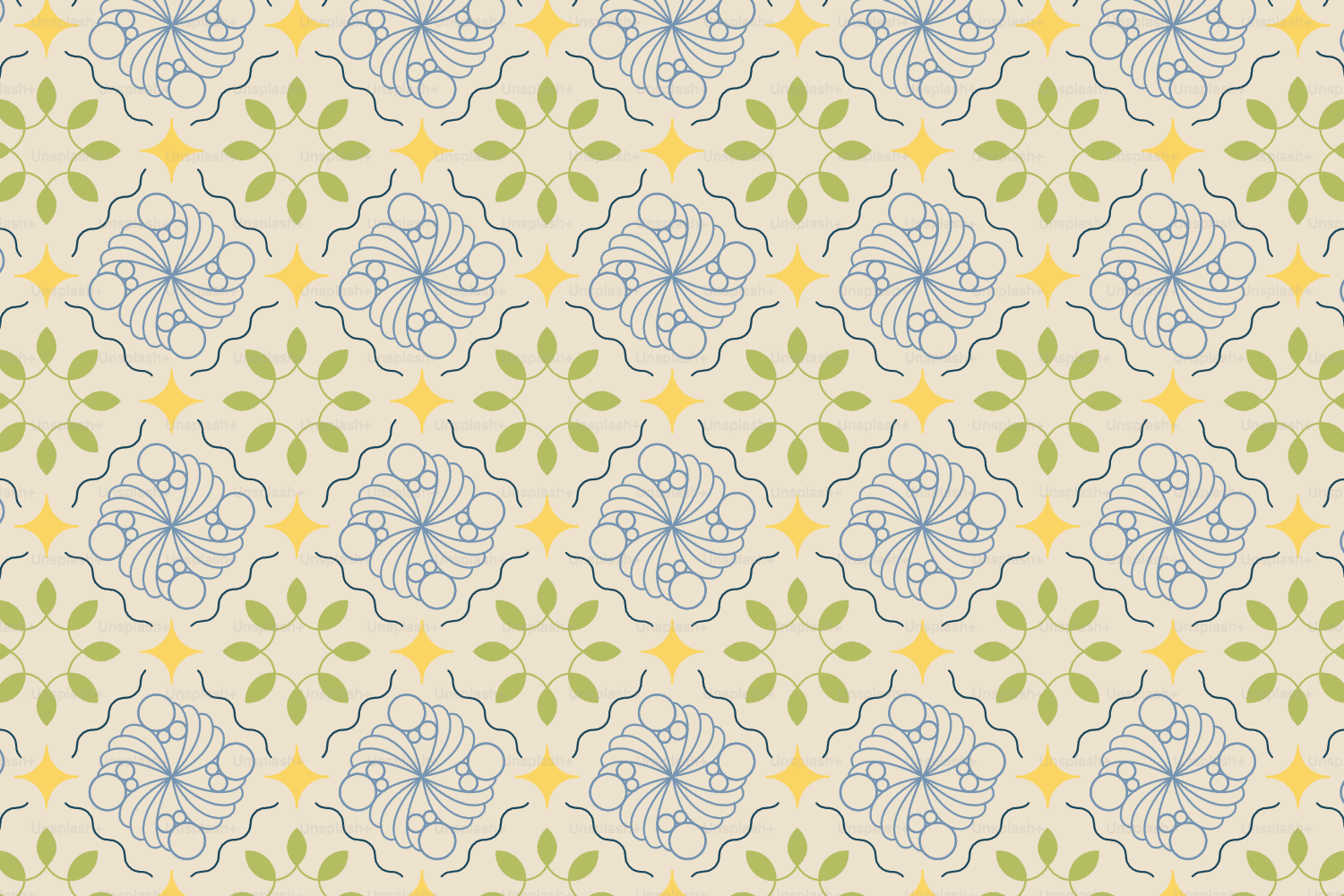 Patrón geométrico floral apagado verde, amarillo y gris sobre color crema.