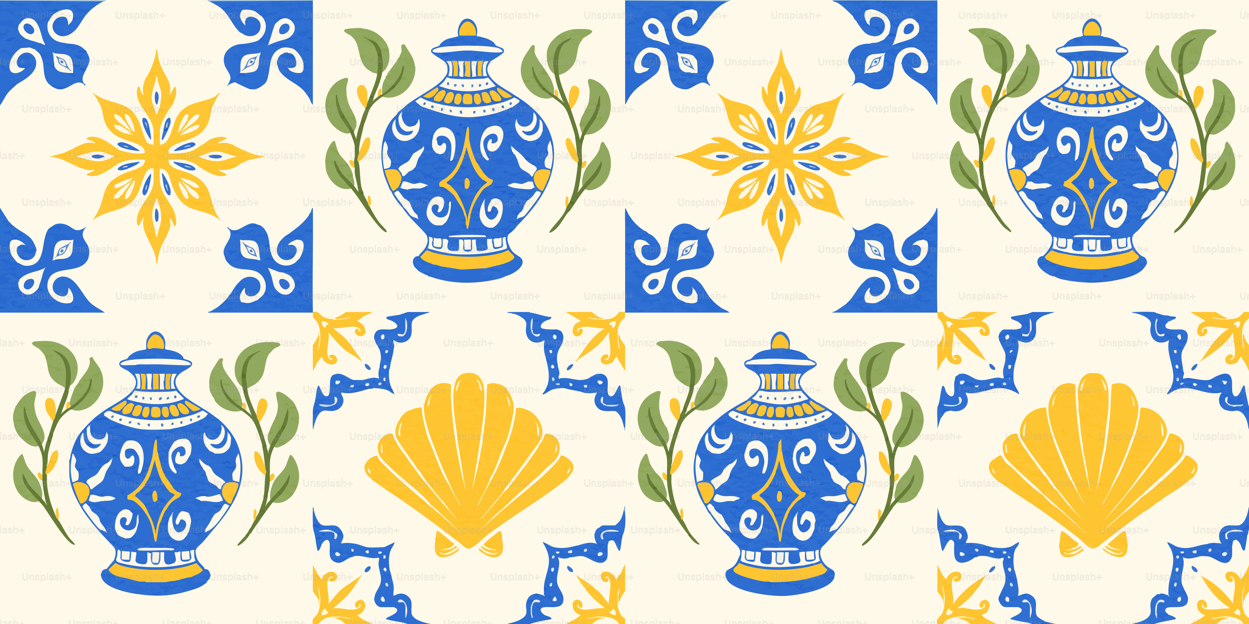 Seamless pattern with blue vases, yellow stars, and seashells.