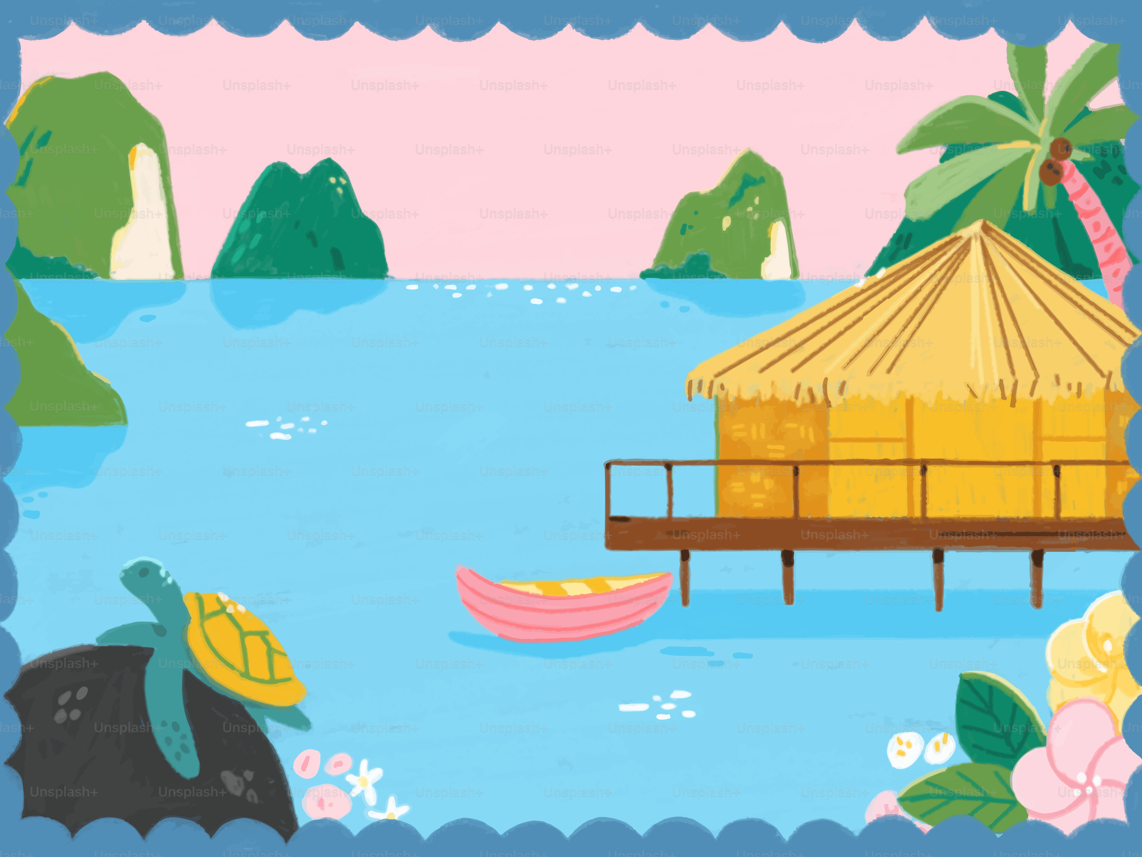 Pemandangan tropis dengan gubuk di atas air, perahu, kura-kura, dan pegunungan.