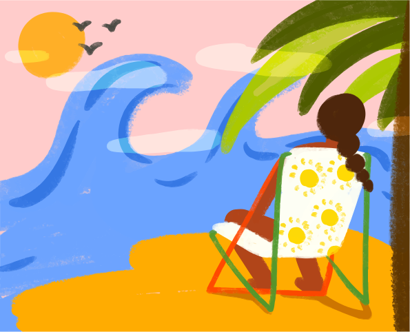 Mujer relajándose en una silla de playa viendo las olas del mar al atardecer