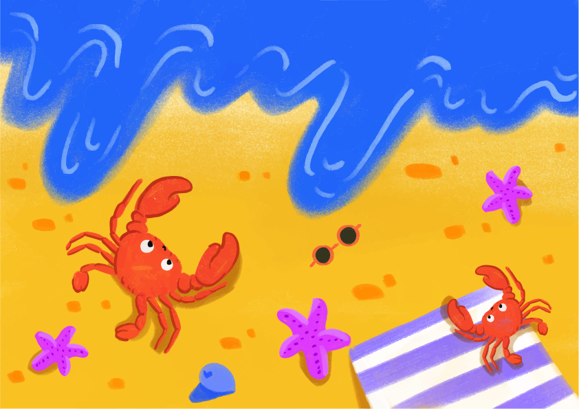 Cangrejos de dibujos animados en una playa soleada con olas y estrellas de mar