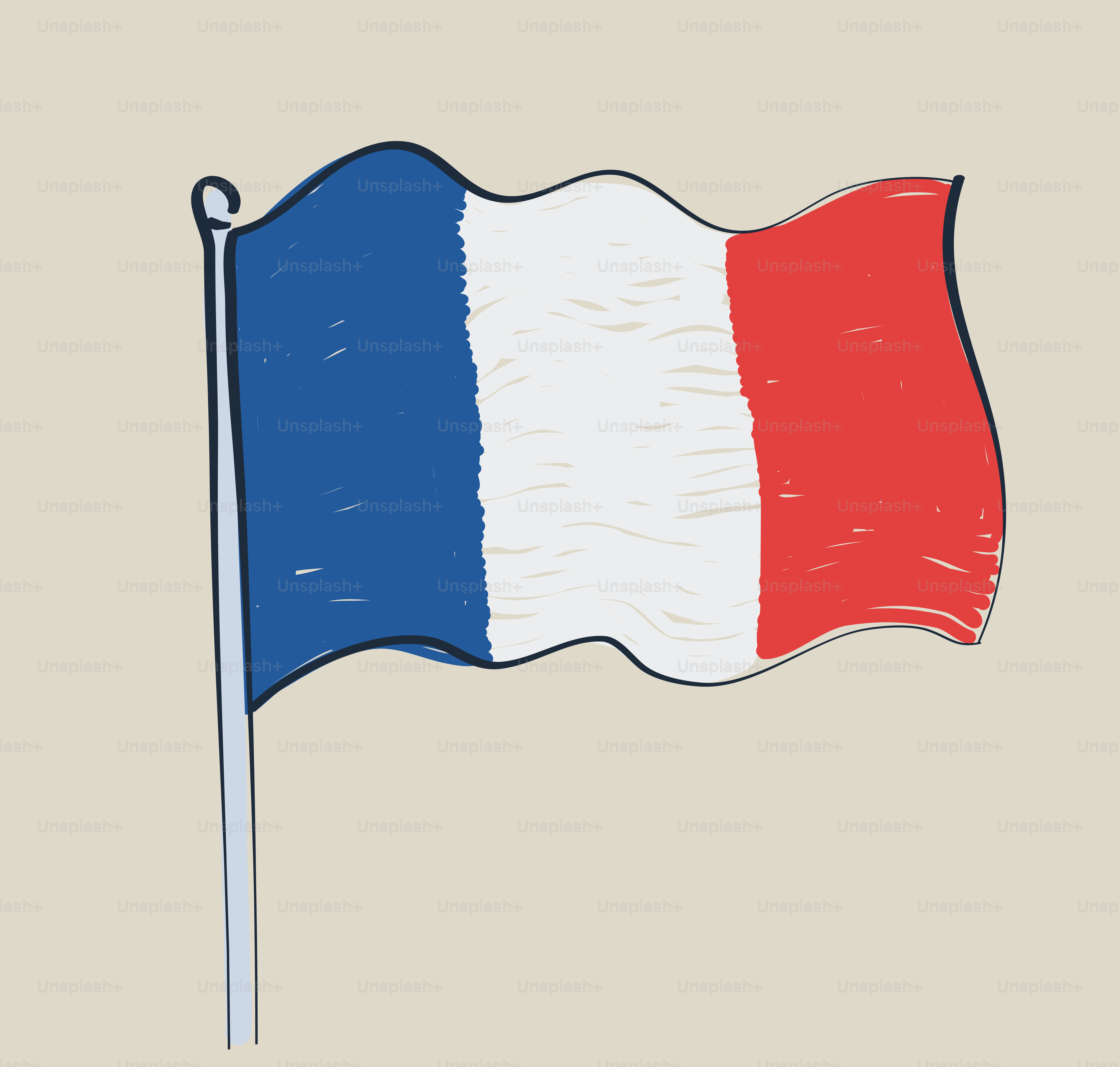 手描きのフランス国旗が旗竿に掲げられていた。