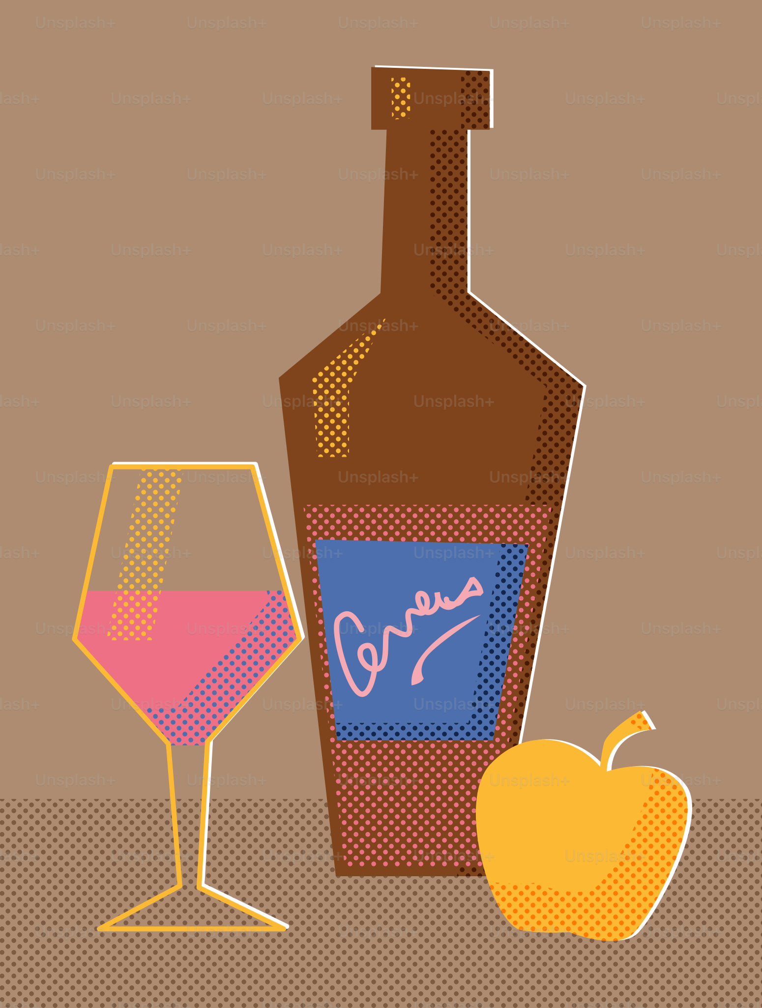 Une bouteille, un verre de vin et une pomme sur fond brun.