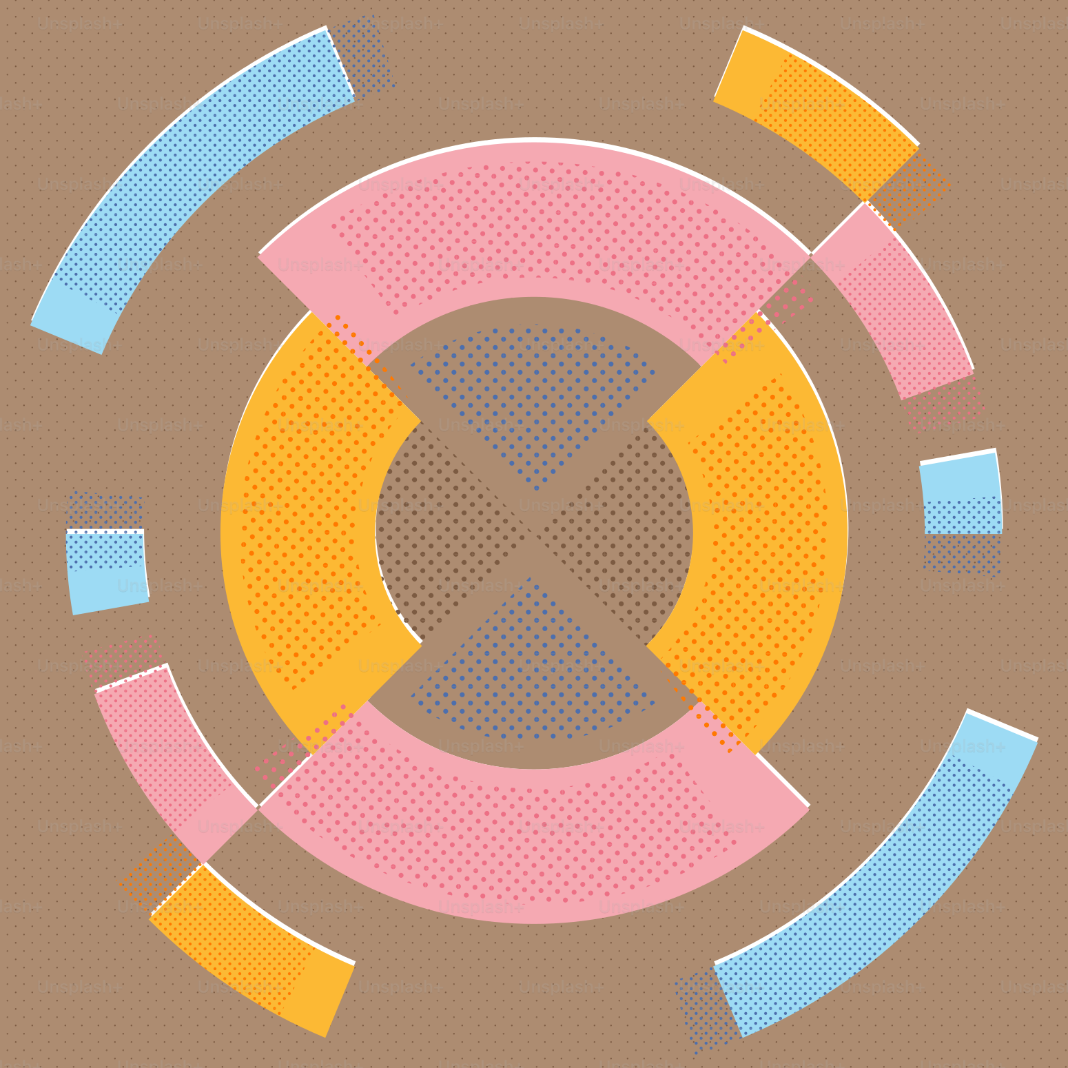 Motif géométrique abstrait coloré avec des cercles concentriques et des textures pointillées.