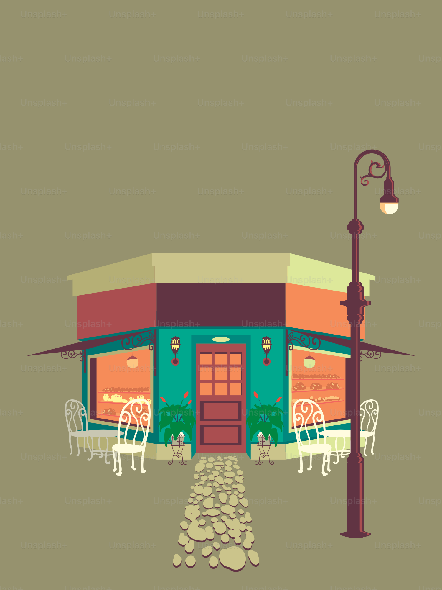 Um café colorido com assentos ao ar livre e um poste de luz.