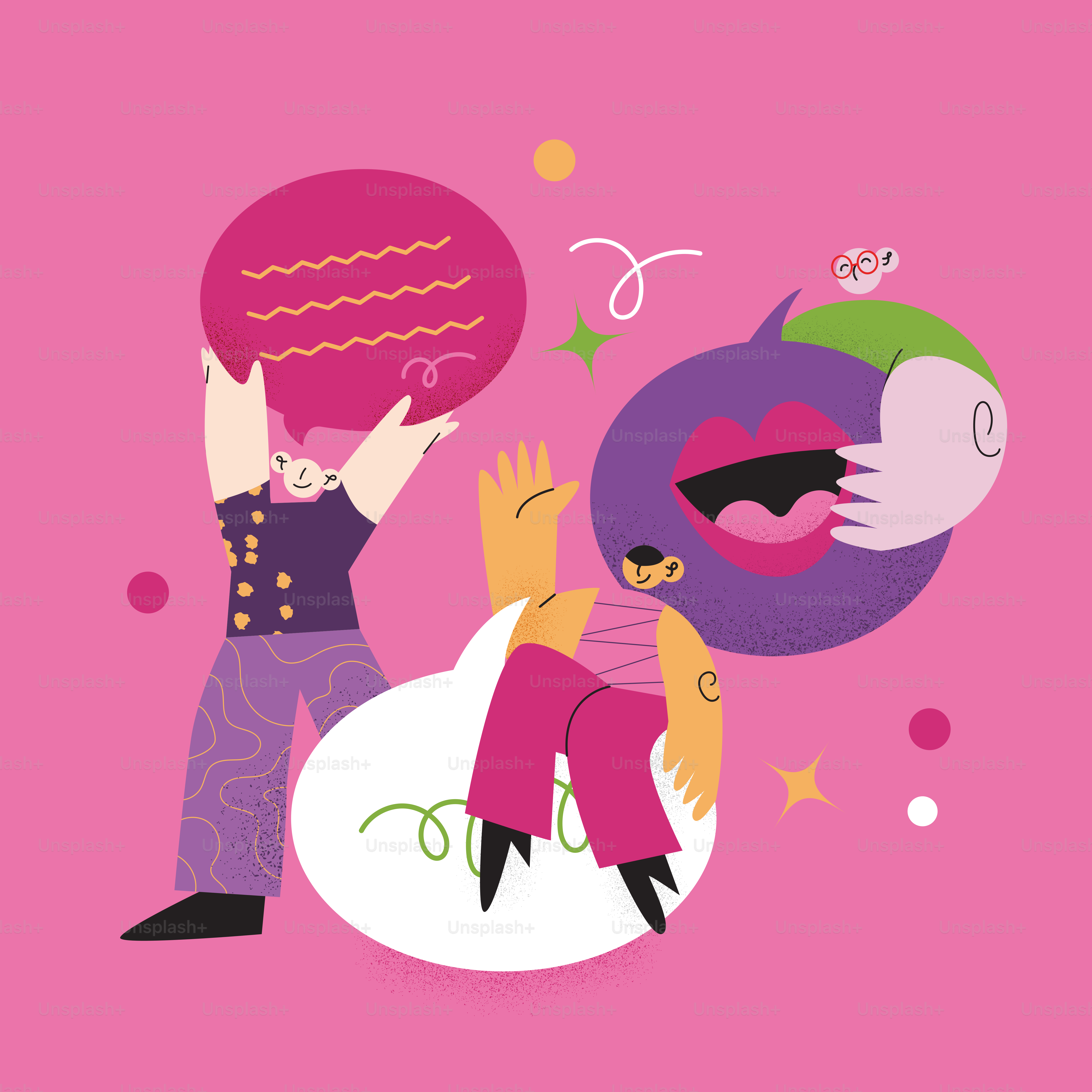 Personagens de desenho animado comunicando ideias com balões de fala no rosa.