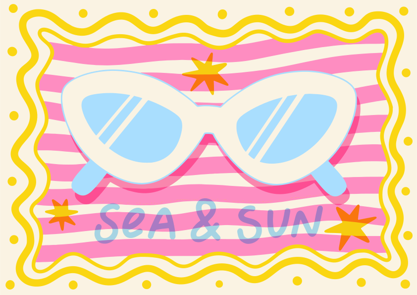 漫画の白いサングラス、ピンクのストライプ、そして「sea and sun」という文字。