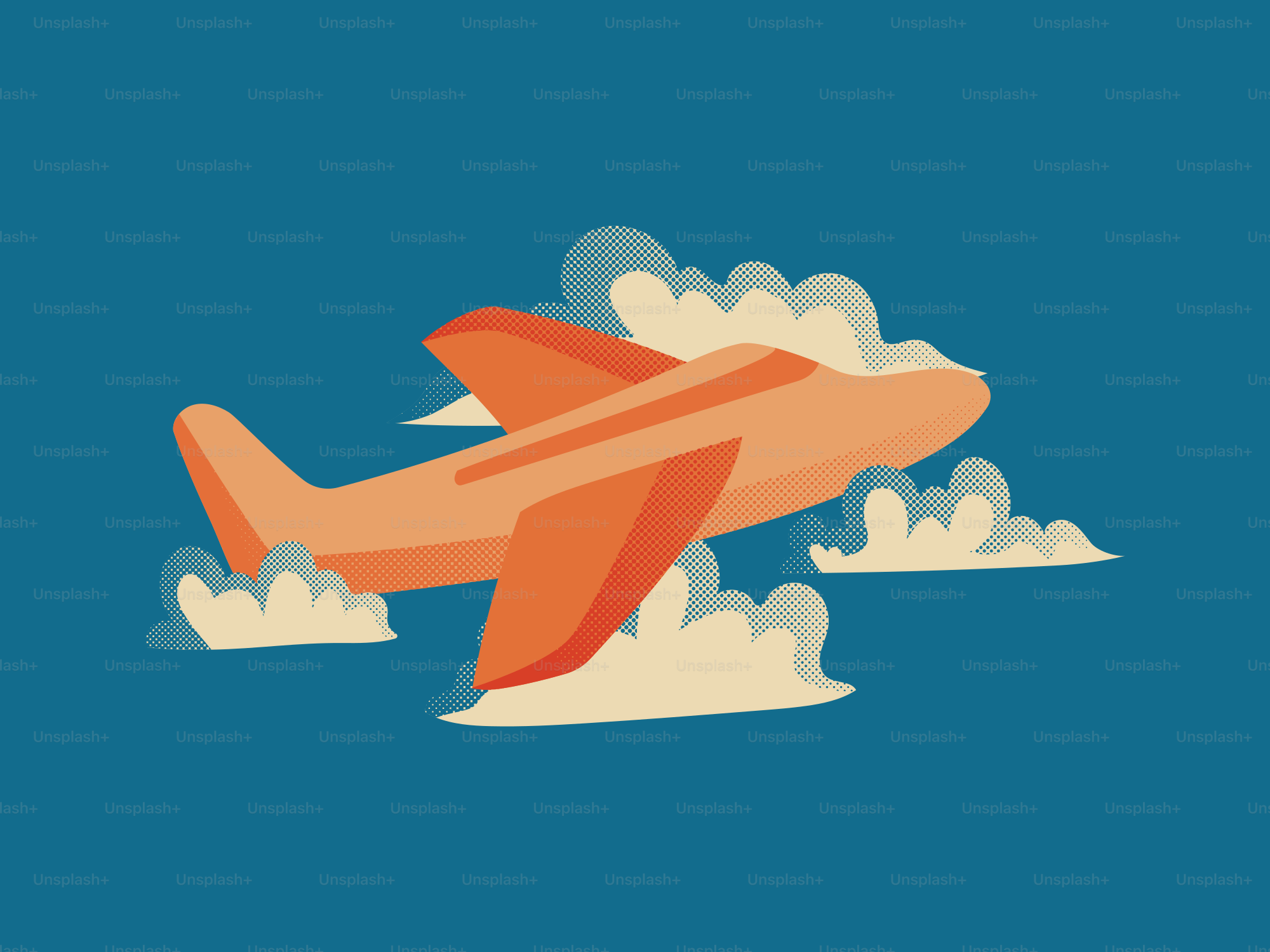 Un aereo arancione che vola tra le nuvole in un cielo azzurro.