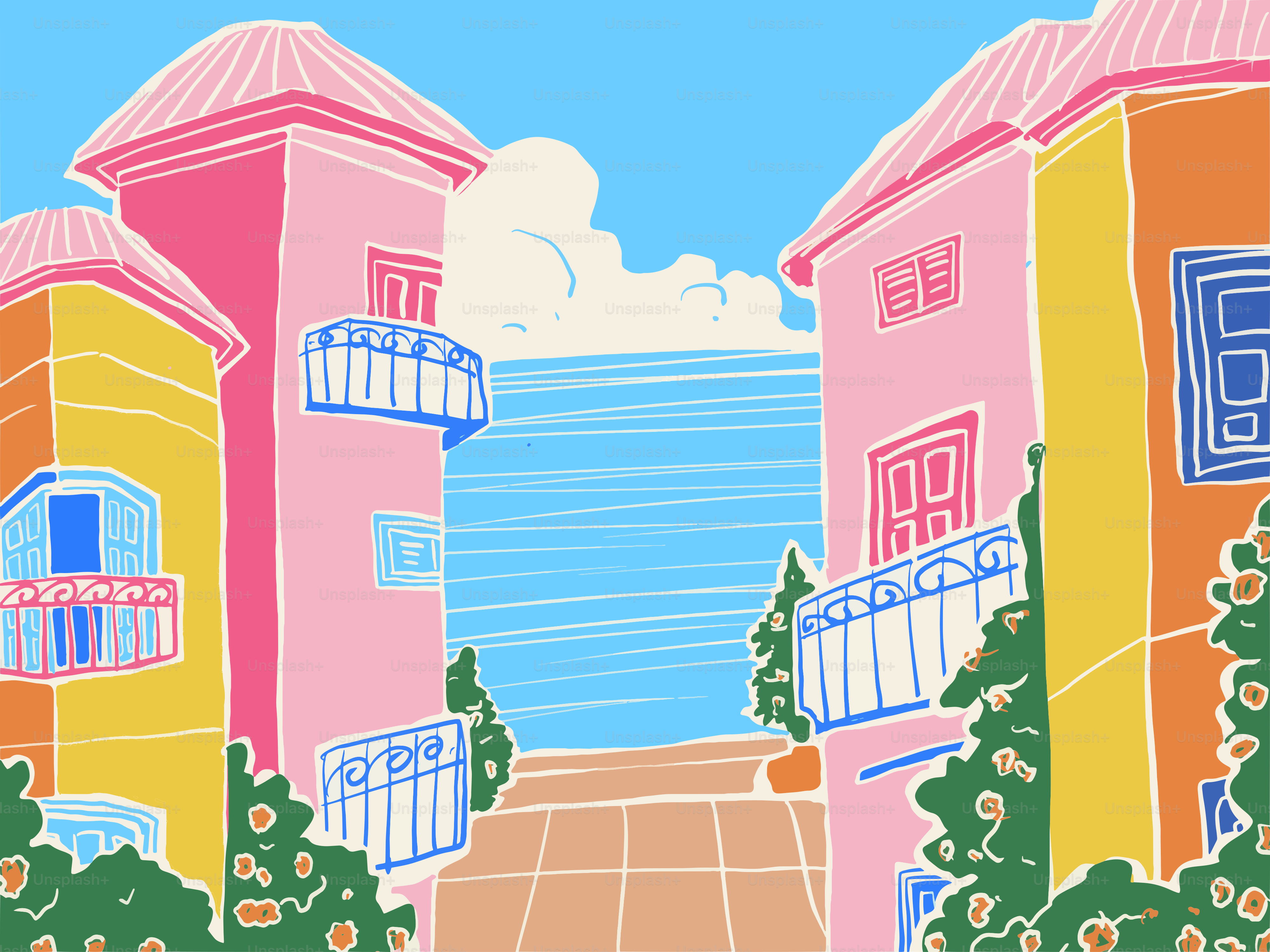 Edificios coloridos bordean un camino que conduce al océano