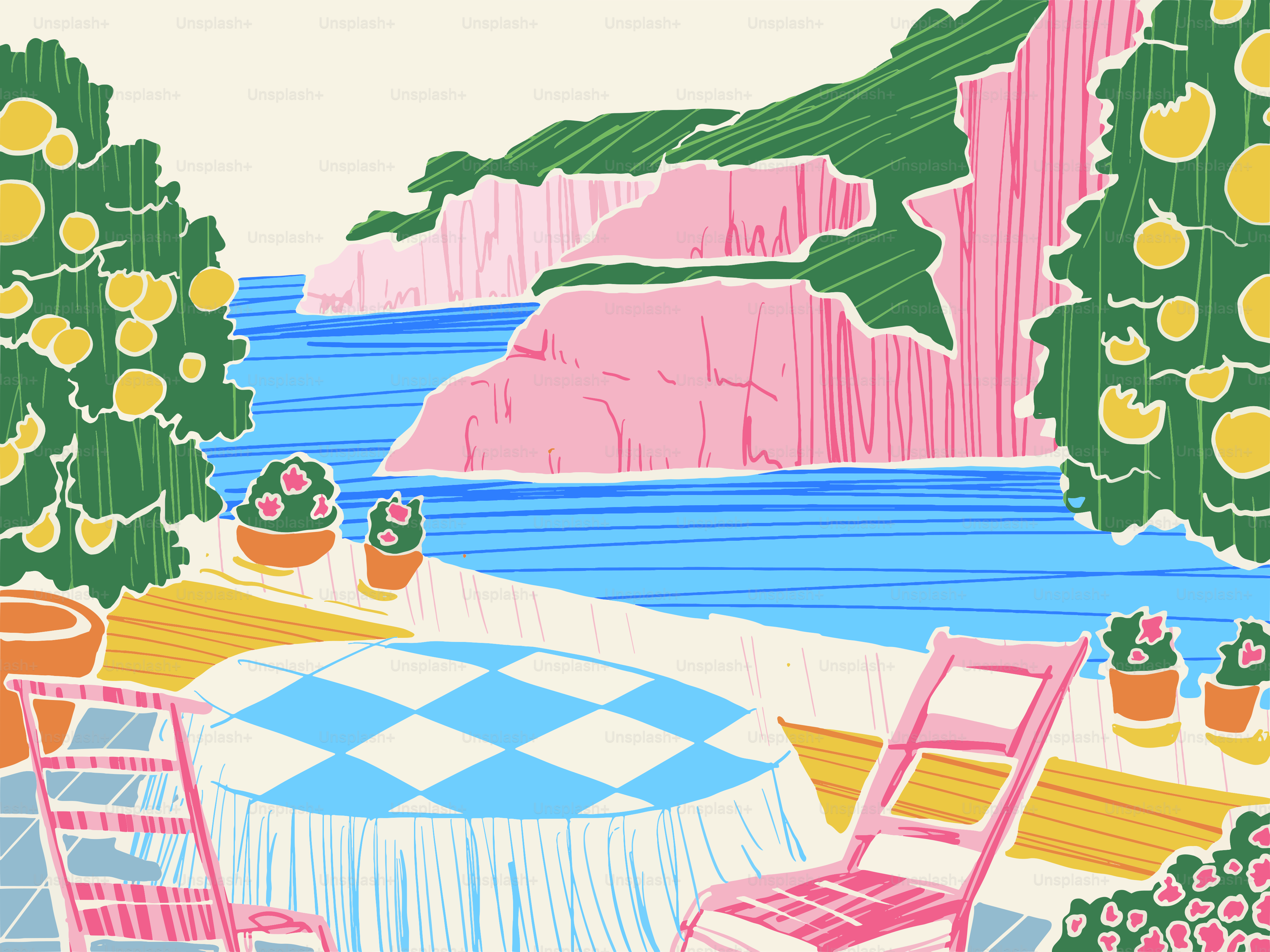 Terrasse vibrante surplombant l’océan, avec des falaises roses et des arbres fruitiers.