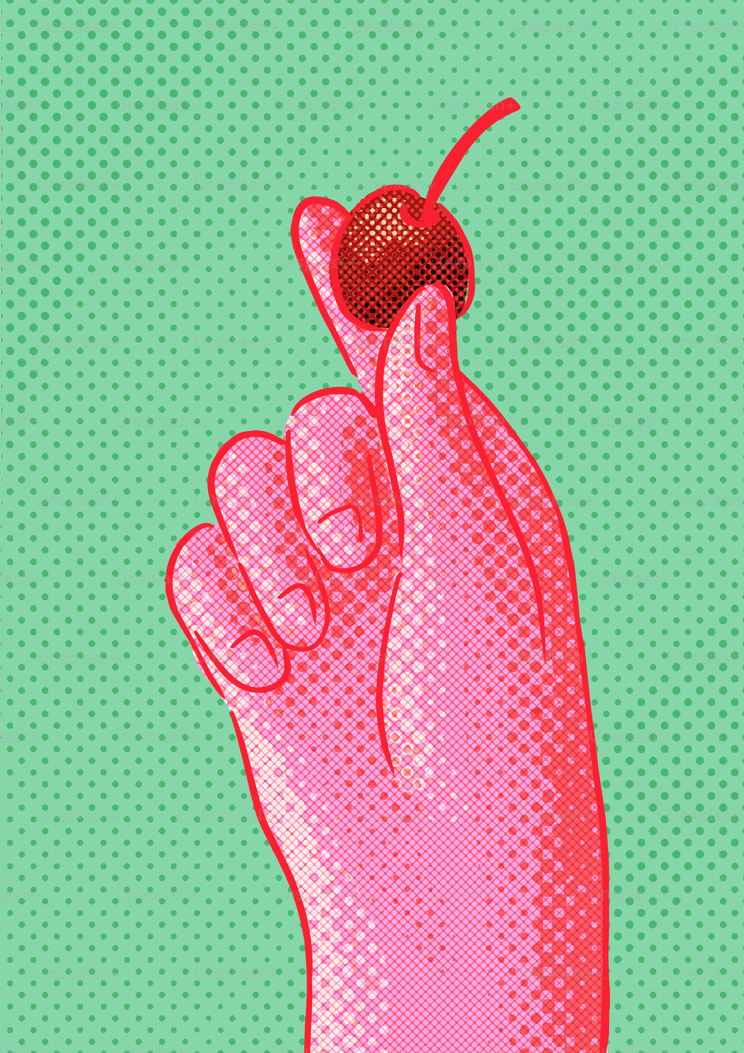 A pop art hand holds a vibrant red cherry.